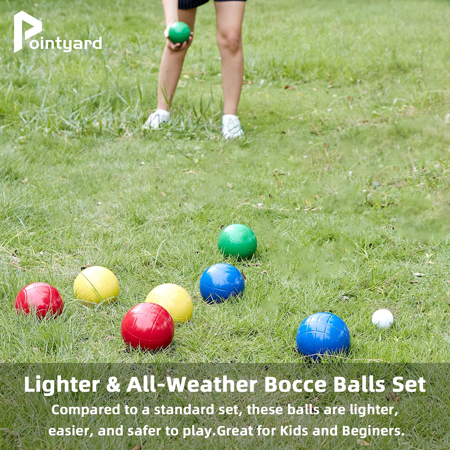 **Regulation 100mm Bocce Ball Set - 8 PE Balls, Pallino, Carry Bag & Measuring Tape - Outdoor Family Game for Backyard, Lawn, Beach, Picnics & Parties (Red, Blue, Green, Yellow)**