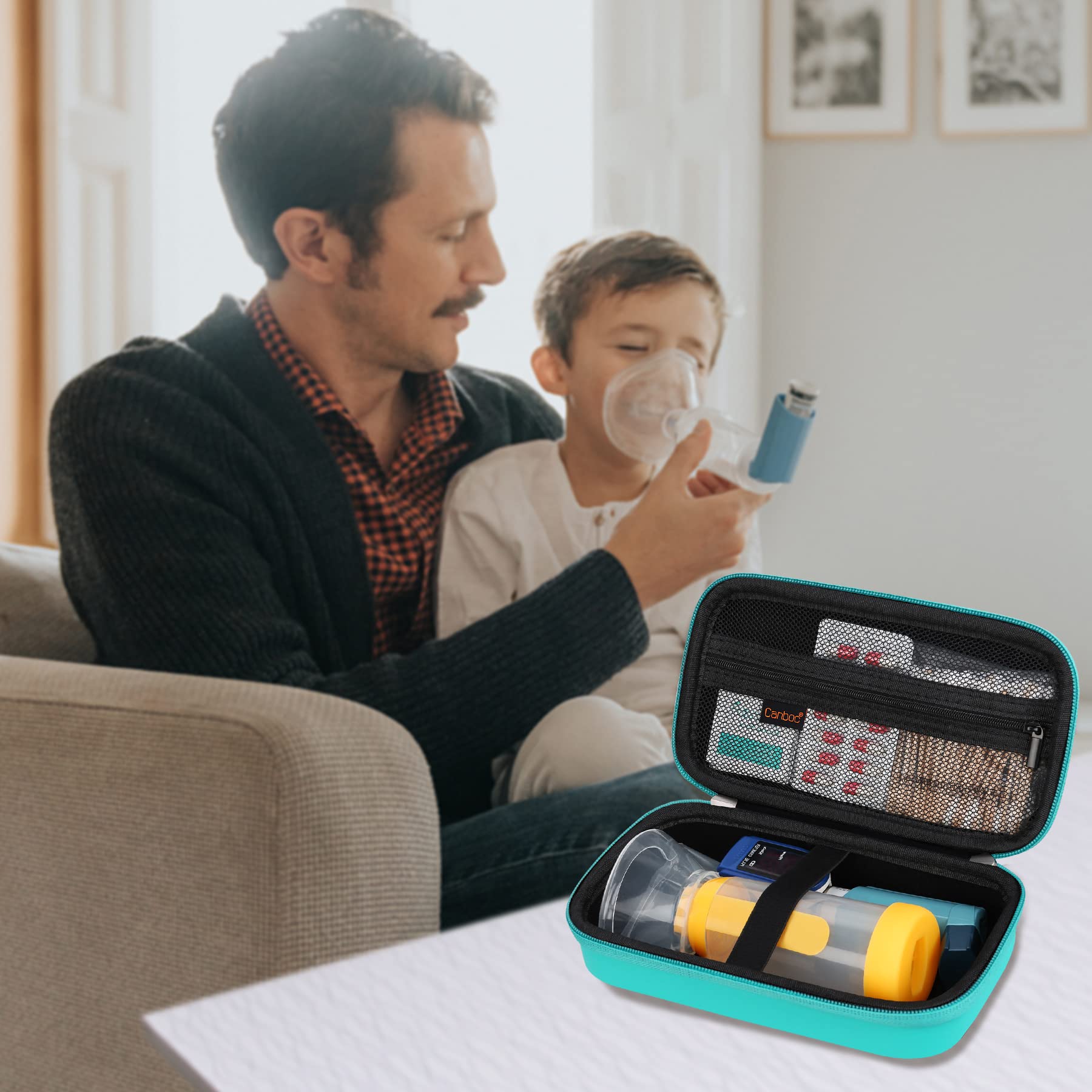Canboc Travel Carrying Case for Asthma Inhaler - Portable Hard Case with Mesh Pocket for Medicine Storage - Handheld Spacer Compatible with Adult & Kids Inhalers - Mint Green Organizer (Case Only) - Perfect for Travel, School & Daily Asthma Management