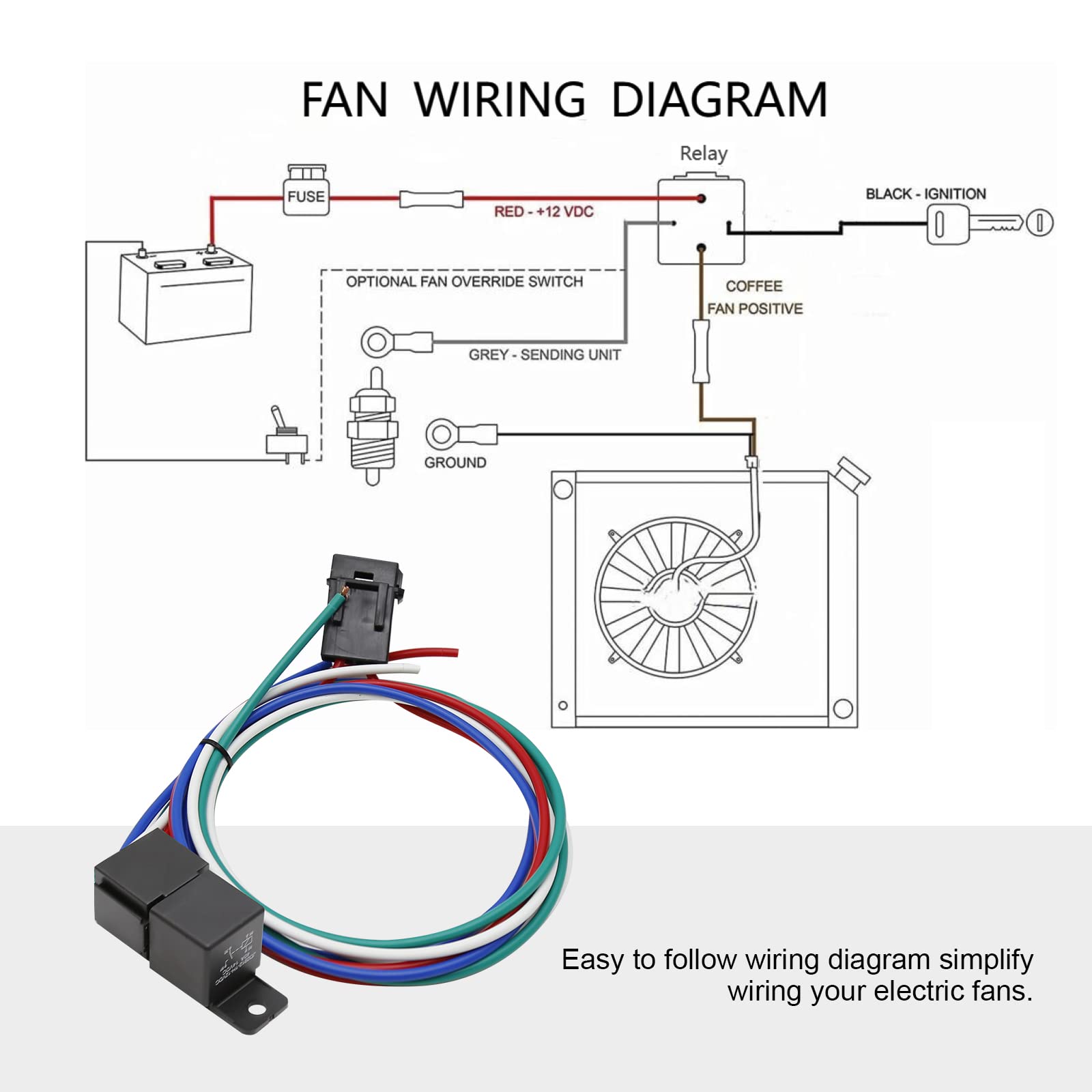 40 AMP Electric Radiator Fan Relay Kit with Temperature Sensor - 185°F On/165°F Off Thermostat Switch - Universal Cooling Fan Wiring Kit for Cars, Trucks & SUVs - Perfect for Engine Overheating Protection & Performance Cooling