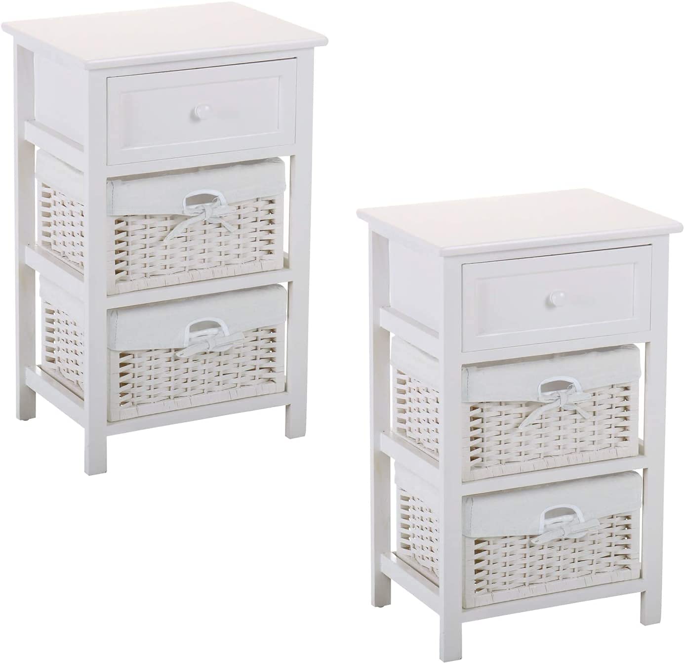 2-Tier Wooden Nightstand Set of 2 with Drawer & Storage Baskets - White Bedside Table for Small Spaces, Bedroom, Living Room | Compact End Table for Apartment, Dorm, Guest Room