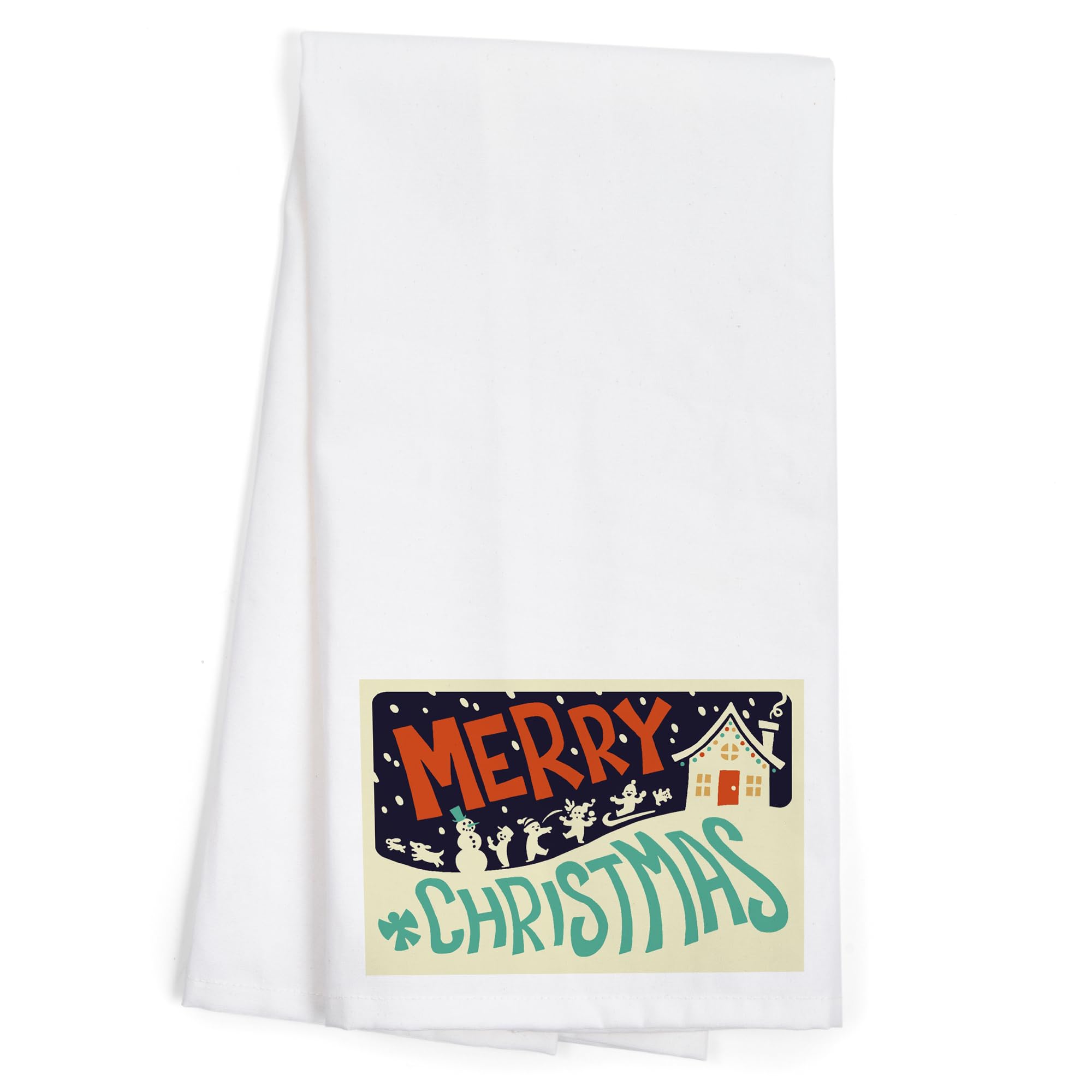 Lantern Press Merry Christmas House Retro Christmas Tea Towel - 100% Cotton Decorative Hand Towel for Kitchen, Holiday Home Decor & Gift (Perfect for Christmas Decorations, Hostess Gifts & Cozy Farmhouse Style)