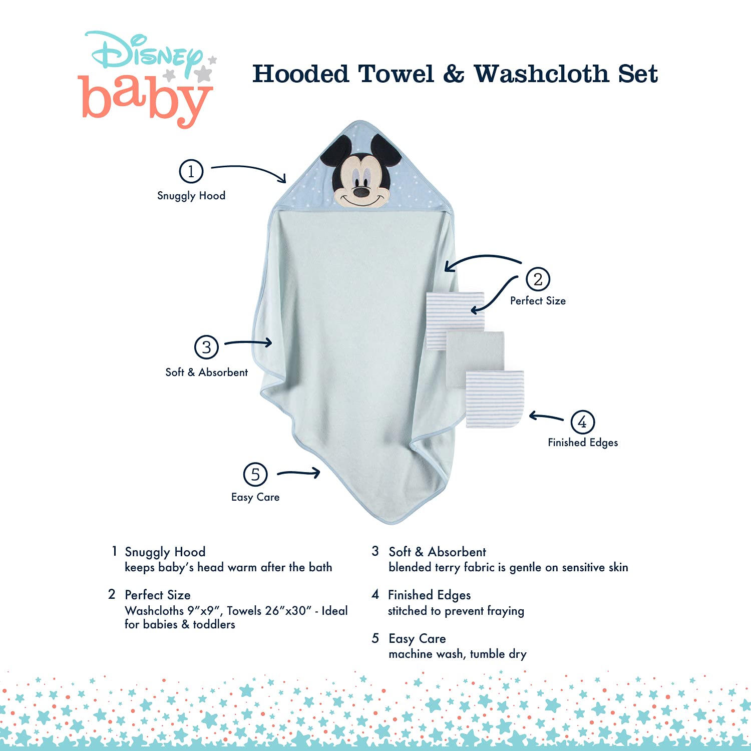 Disney Baby Mickey Mouse 4-Piece Hooded Towel & Washcloth Set - Soft Bath Towels for Newborns & Toddlers, Grey, 4 Pc Set - Perfect for Bath Time, Baby Showers & Nursery Essentials