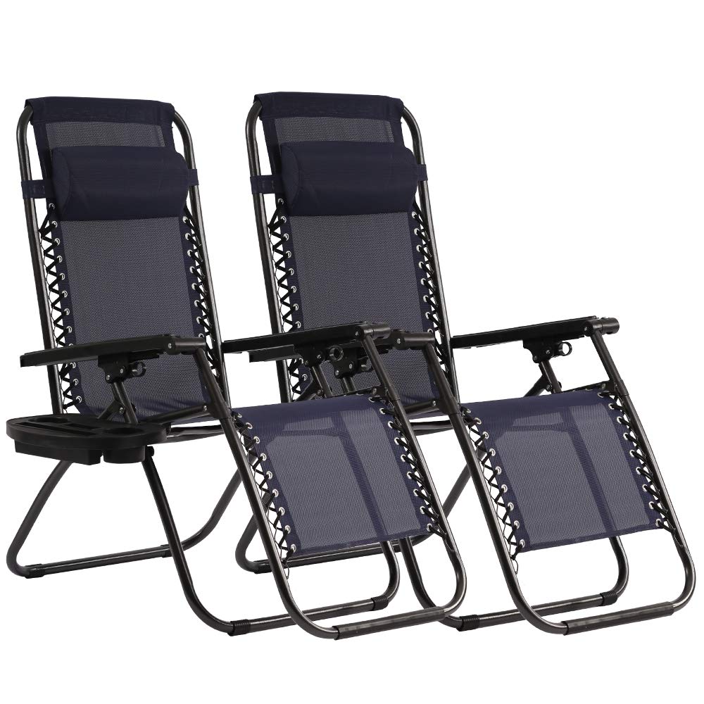 Premium Zero Gravity Reclining Lounge Chairs with Pillows & Cup Holder - Adjustable Outdoor Patio Chairs for Backyard, Pool, Beach, Deck - Comfortable Relaxation for Sunbathing, Reading & Lounging (Blue, Set of 2)
