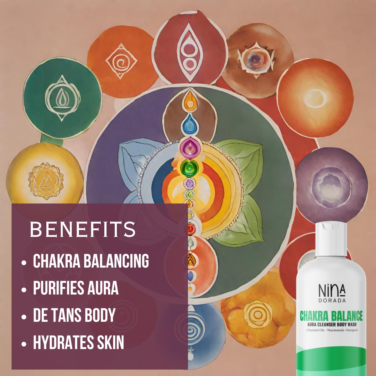 Nina Dorada Chakra Body Wash with Essential Oils for Aura Balance & Spiritual Positivity | Detoxifying Niacinamide Formula | Exfoliates Dead Skin Cells & Unclogs Pores | 300ml | Perfect for Yoga, Meditation & Holistic Self-Care Routines