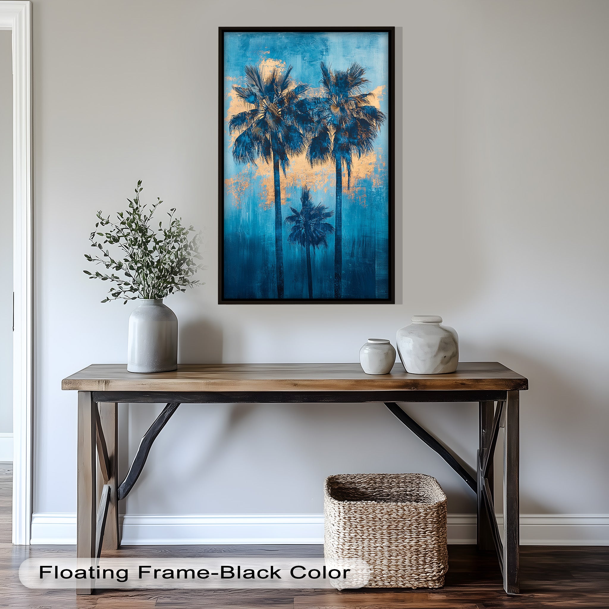 Blue Sunset Palms Tropical Oil Painting - Handmade Beach Wall Art for Living Room, Bedroom & Office Decor