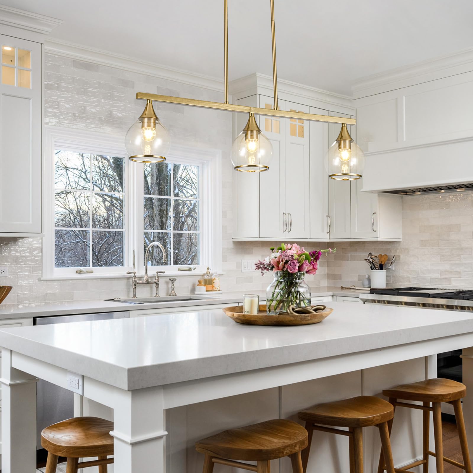 3-Light Gold Kitchen Island Linear Hanging Pendant Chandelier - Brushed Gold Dining Room Light Fixture with Clear Round Glass Shades - Perfect for Kitchen Islands, Dining Tables, and Breakfast Bars