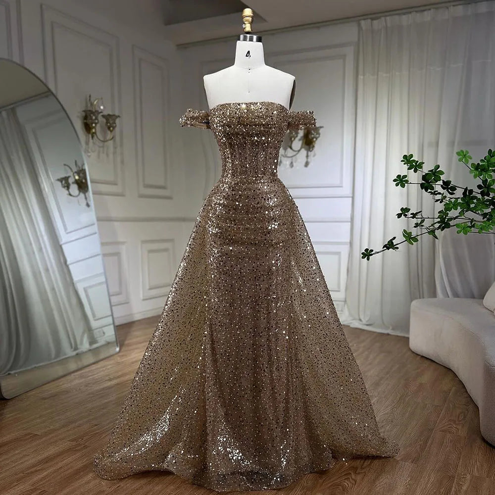 Elegant Blue Mermaid Off-Shoulder Beaded Sequined Evening Gown with Overskirt for Women - Perfect for Prom, Party & Formal Events 2025 (LA72204)