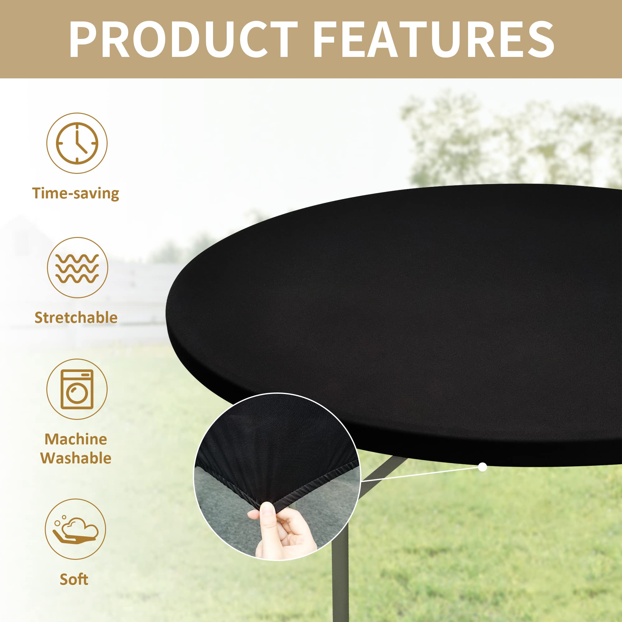 2 Pack Black Spandex Elastic Round Fitted Tablecloth - Stretchable Table Cover for 60 Inch Tables - Perfect for Kitchen, Dining Room, Indoor, Outdoor, Picnic & Camping Use