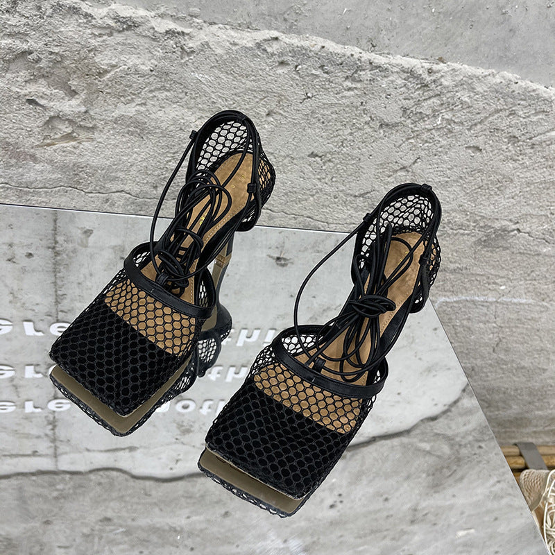 Breathable Mesh Square Toe Lace Up Heels for Women - Comfortable Summer Dress Shoes for Office, Party & Wedding Occasions