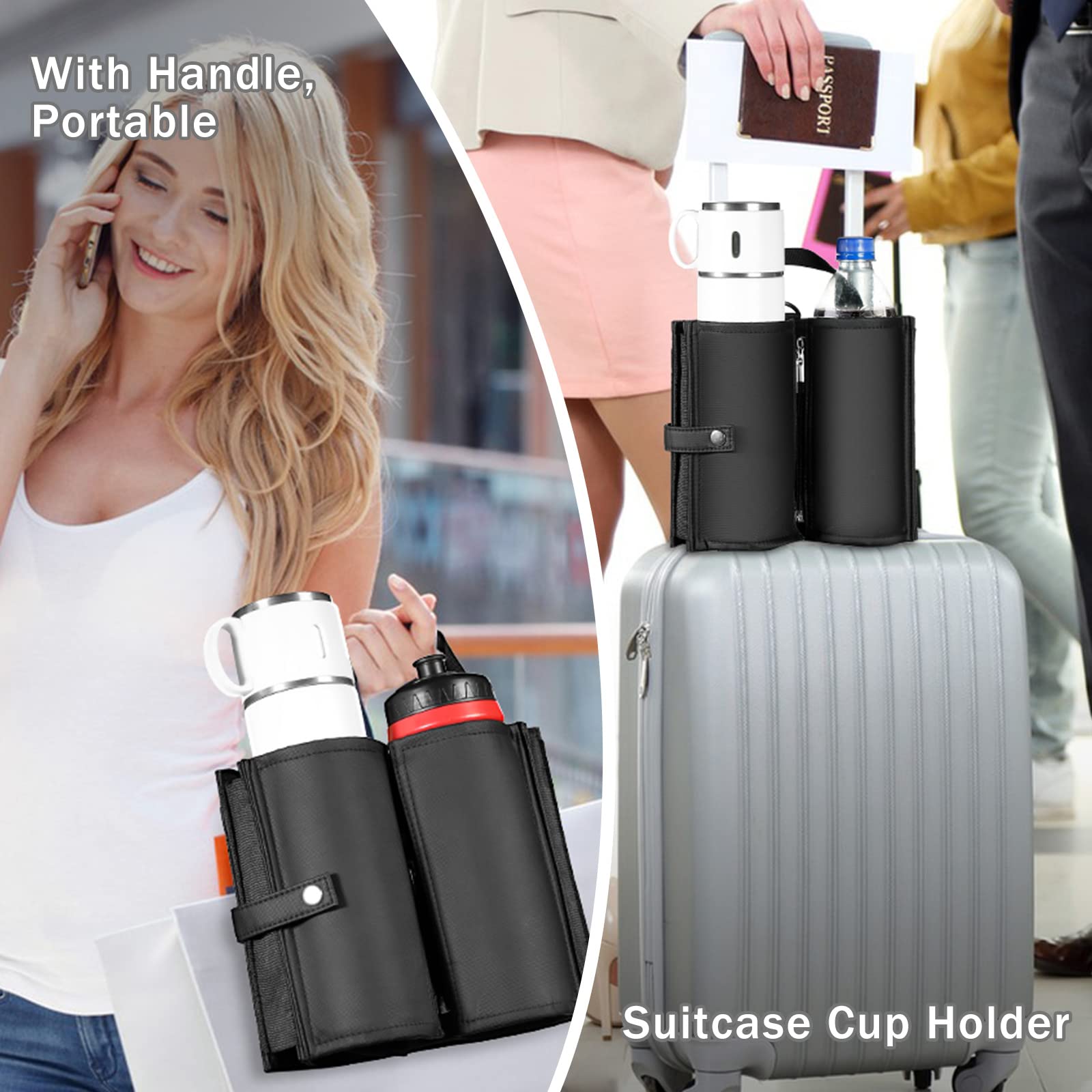 Portable Foldable Luggage Cup Holder - Travel Drink Caddy with Handle for Suitcase, Fits Roll On Luggage - Perfect for Flight Attendants & Travel Accessories (Black) - Ideal for Airports, Road Trips & Commuting