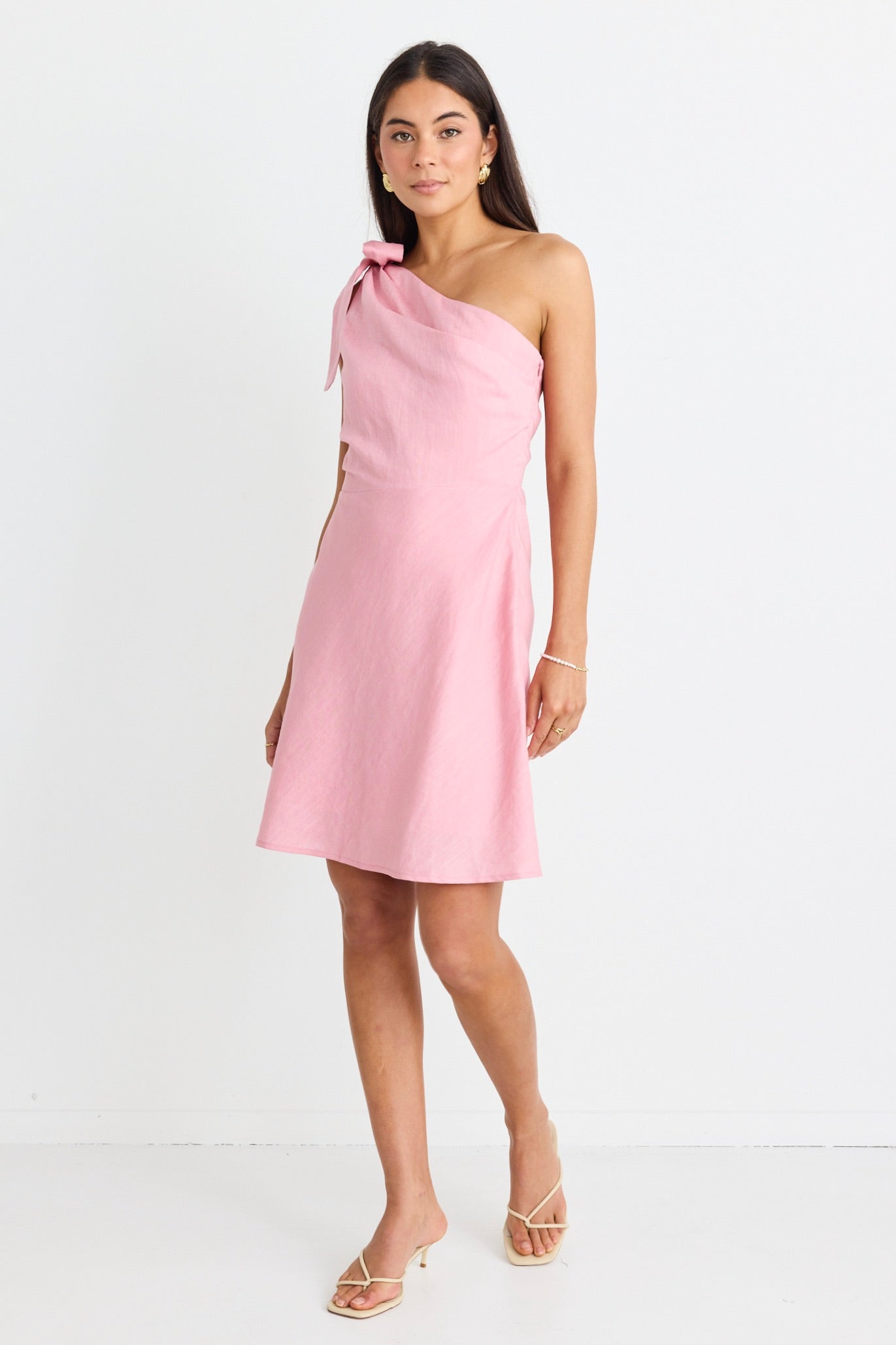 Stylish One Shoulder Bow Mini Dress - Linen Blend for Comfort & Elegance | Perfect for Summer Parties, Weddings & Date Nights