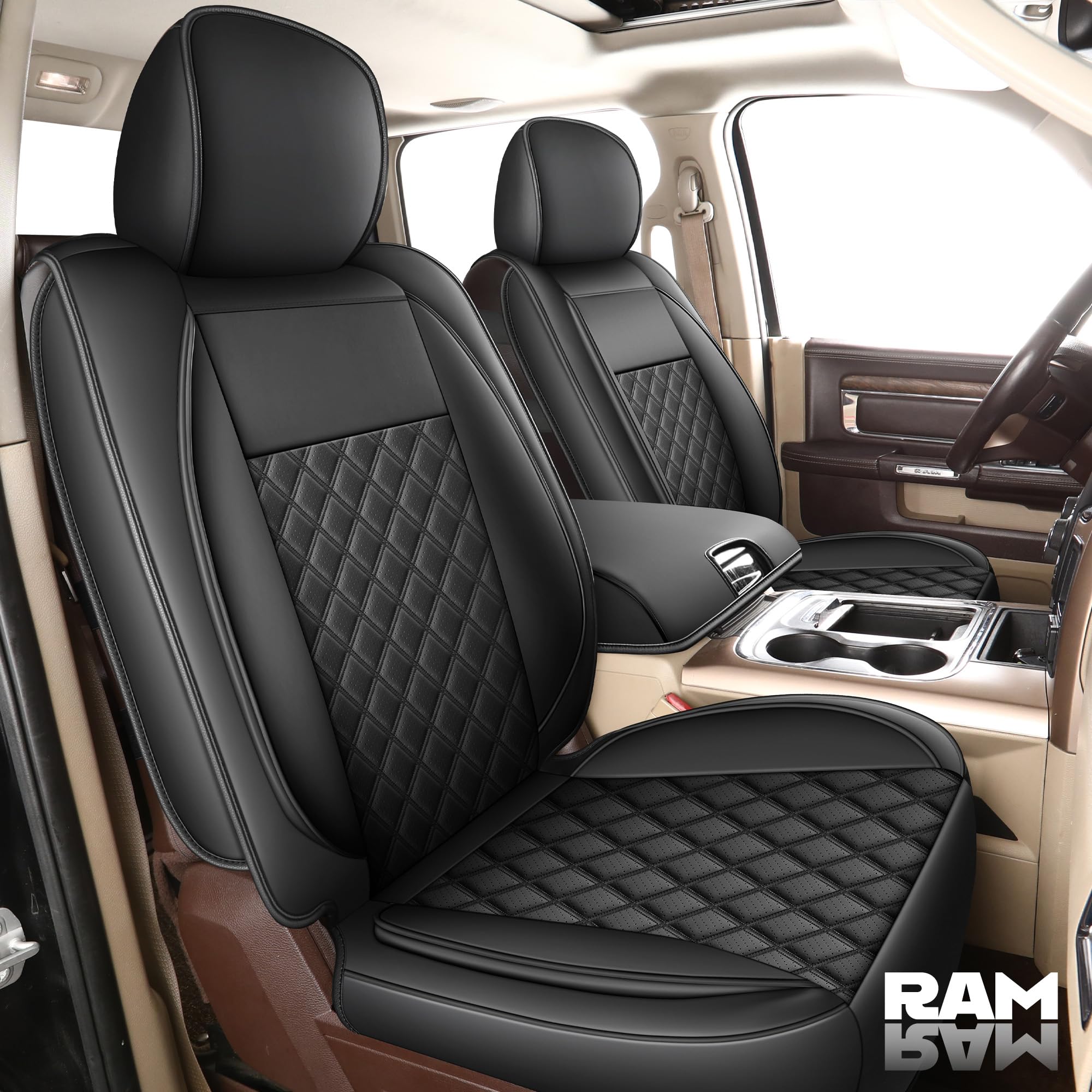 Premium RAM Truck Seat Covers (2019-2024 Models & Select 2002-2017) - Universal Fit for 1500/2500/3500 Crew/Quad/Regular/Mega Cab - Black Flat Rear Design with Comfort Cushion - Perfect for Road Trips, Work Commutes & Off-Road Adventures