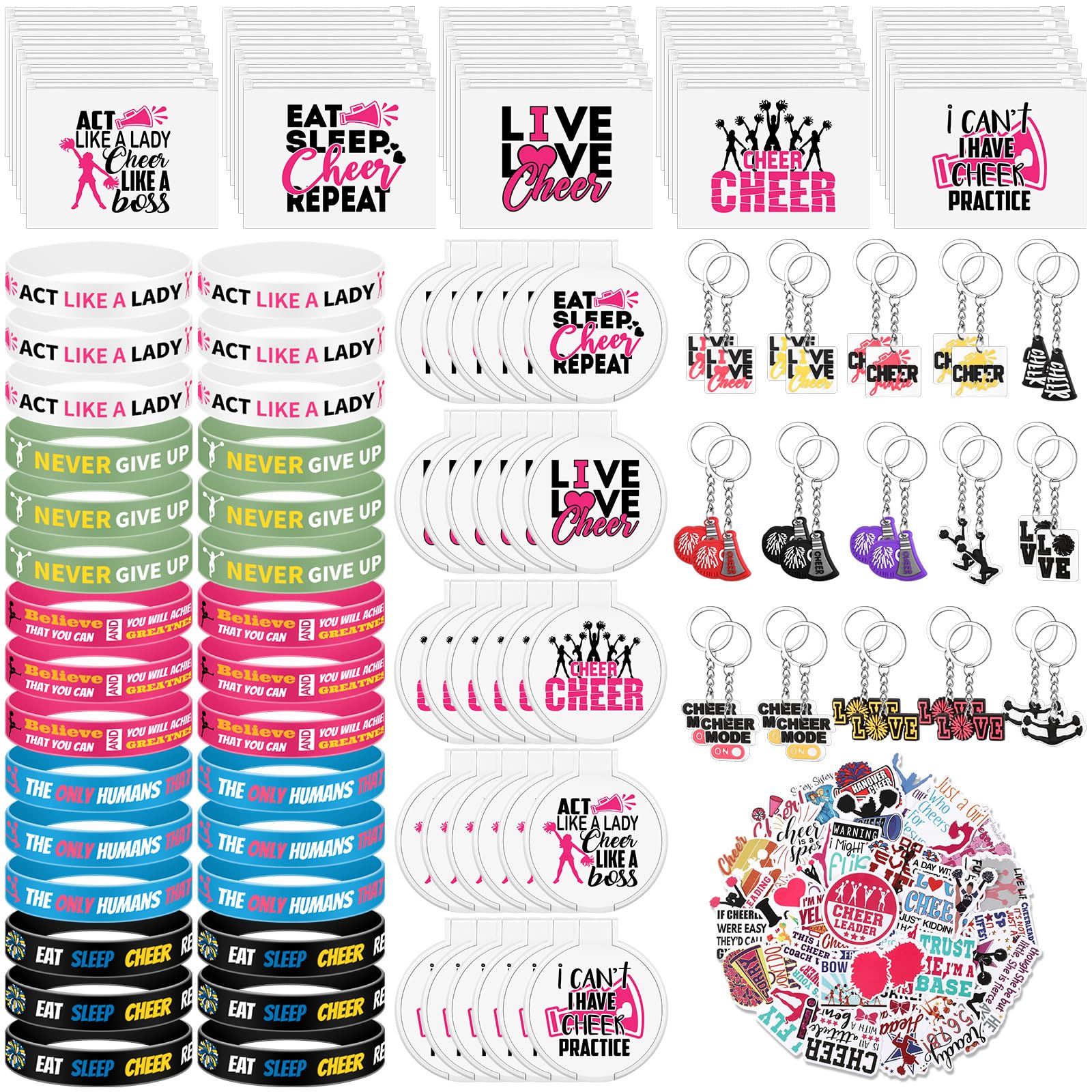 121 Pcs Cheerleader Gift Set - 30 Zipper Makeup Bags, 30 Keychain Wristbands, Mirror & Waterproof Stickers for Women, Girls & Teammates - Perfect for Cheerleading Competitions, Team Events & Gifts
