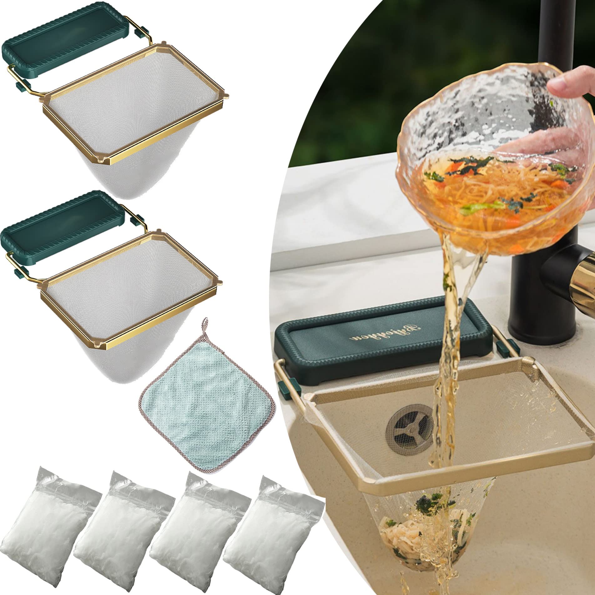ROODTONG 2-Pack Collapsible Sink Strainer with 200 Mesh Filter Bags & Cleaning Cloth - Food Waste Catcher for Kitchen Sink, Dishwashing, Vegetable Washing & Composting (BPA-Free, Easy Install)