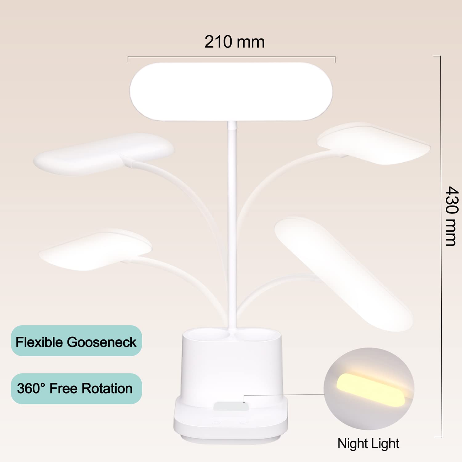 YOUKOYI Rechargeable LED Desk Lamp with Touch Control - Stepless Dimming, 3 Color Modes, Pen Holder & Night Light - Adjustable Gooseneck Study Lamp for Home Office, Reading, Dorm Room, and Bedside Use