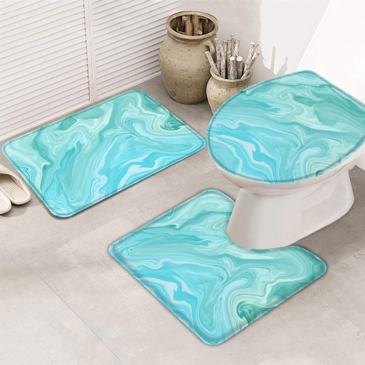 Non-Slip Marble Teal Bath Rugs Set of 3 - Absorbent Washable Bathroom Mat, U-Shaped Toilet Mat & Lid Cover with Wild Symbol Design - Perfect for Bathroom, Home & Spa Decor