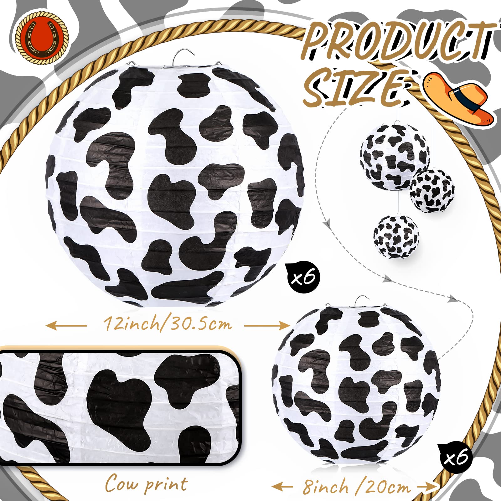 12 Pack Cow Party Decorations - Farm Animal Paper Lanterns for Western Cowboy Theme Birthday, Baby Shower & Barnyard Decor | Perfect for Farmhouse Parties, Ranch Weddings & Country Themed Events