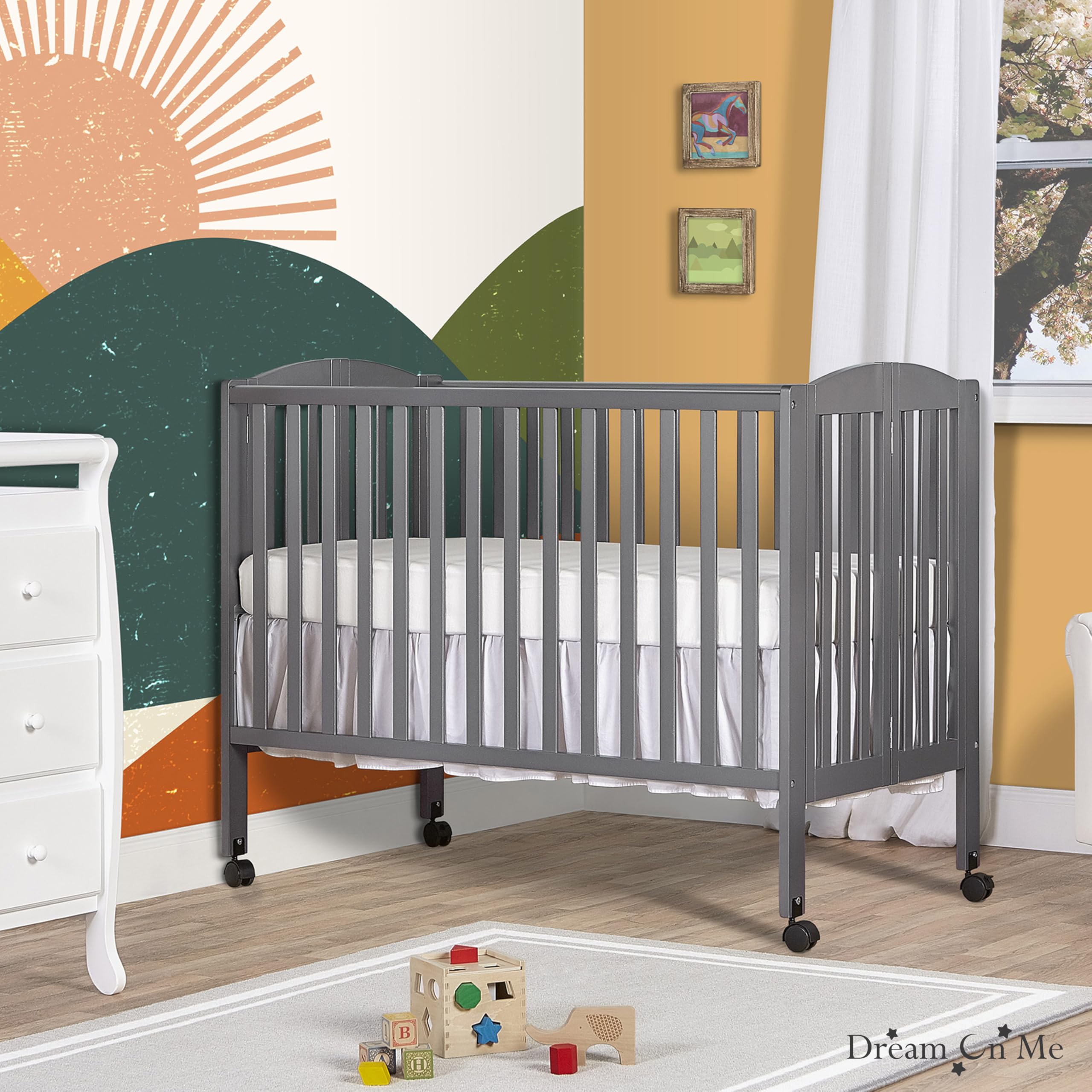 Dream On Me Full Size 2-in-1 Folding Stationary Baby Crib with Locking Wheels & Teething Guard - Steel Grey, Non-Toxic Finish, Space-Saving Foldable Design for Nursery or Travel Use