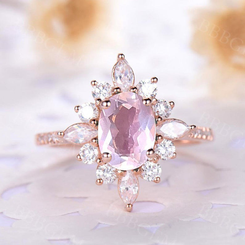 Art Deco Oval Cut Rose Quartz Engagement Ring with Marquise Shaped Moissanite - Perfect for Wedding, Proposal & Anniversary Gifts