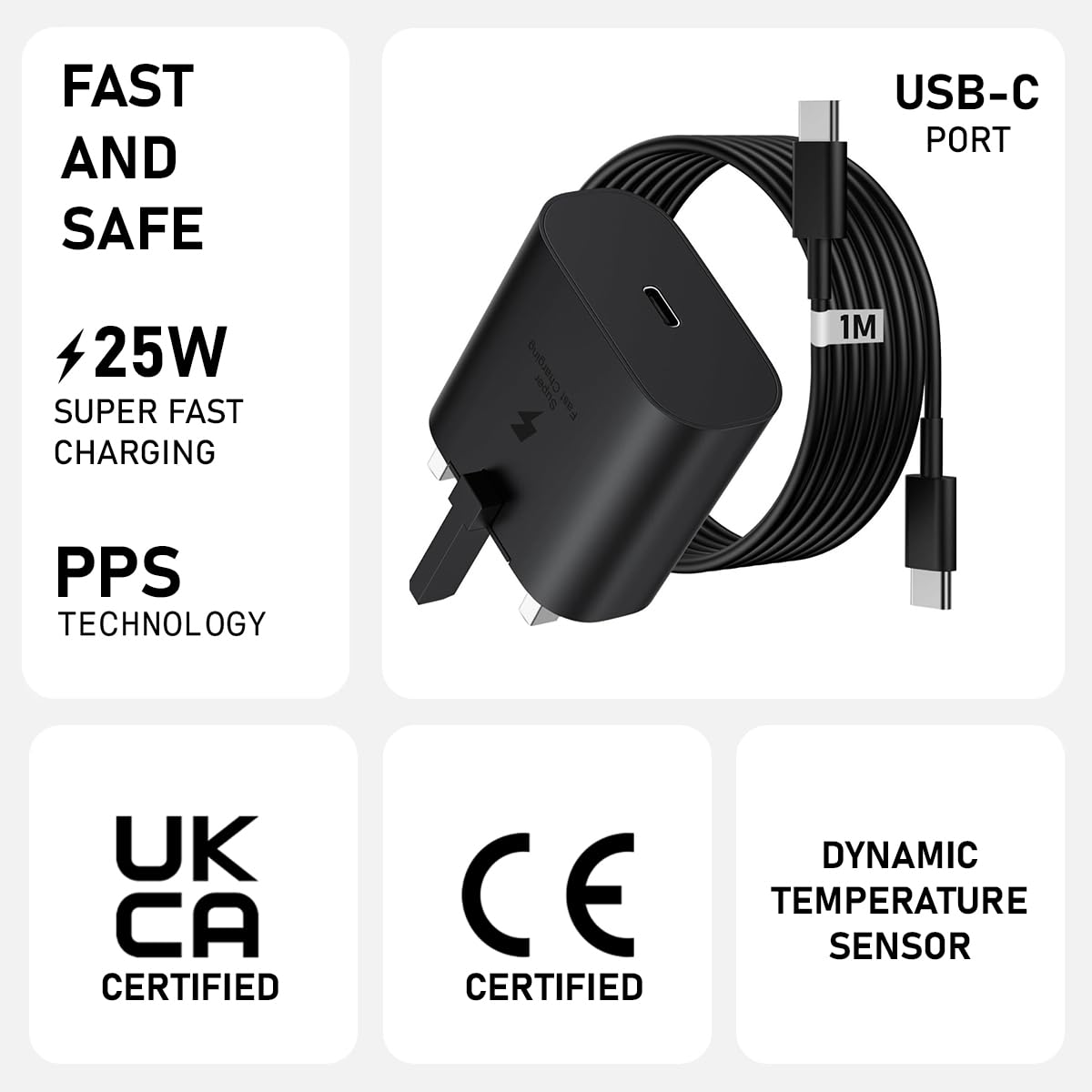 25W Super Fast Charger Plug for Samsung Galaxy A36/A35/A34 5G/A33/A32 - USB Type C Wall Charger with 1M Cable & UK 3-Pin Adapter - Perfect for Home, Office & Travel Charging