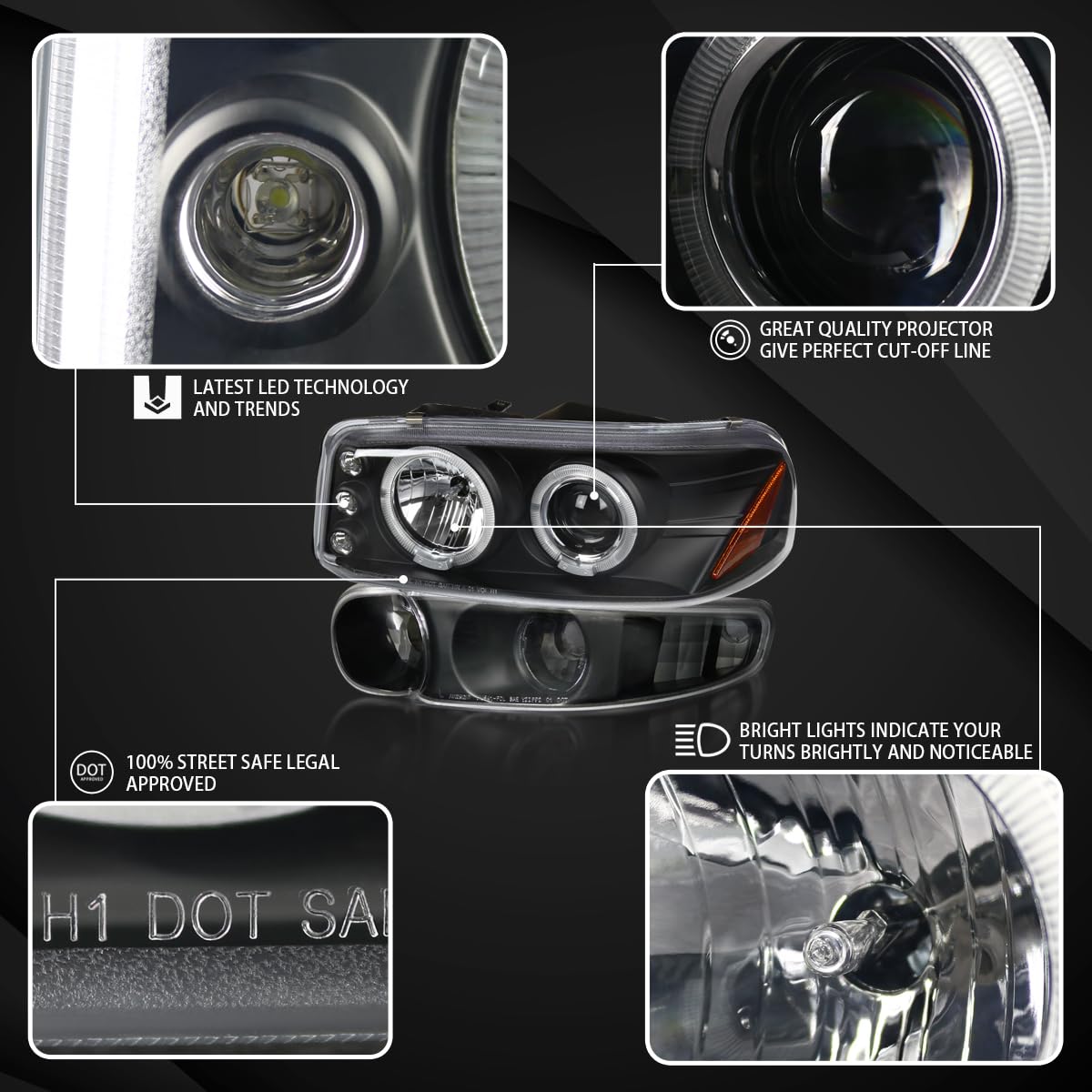 AUTOZENSATION Black Housing Clear Lens LED Halo Projector Headlights + Bumper Lights - Compatible with 2001-2006 GMC Yukon Denali Models (Left + Right Pair) - Upgrade Your Ride for Enhanced Night Visibility & Style