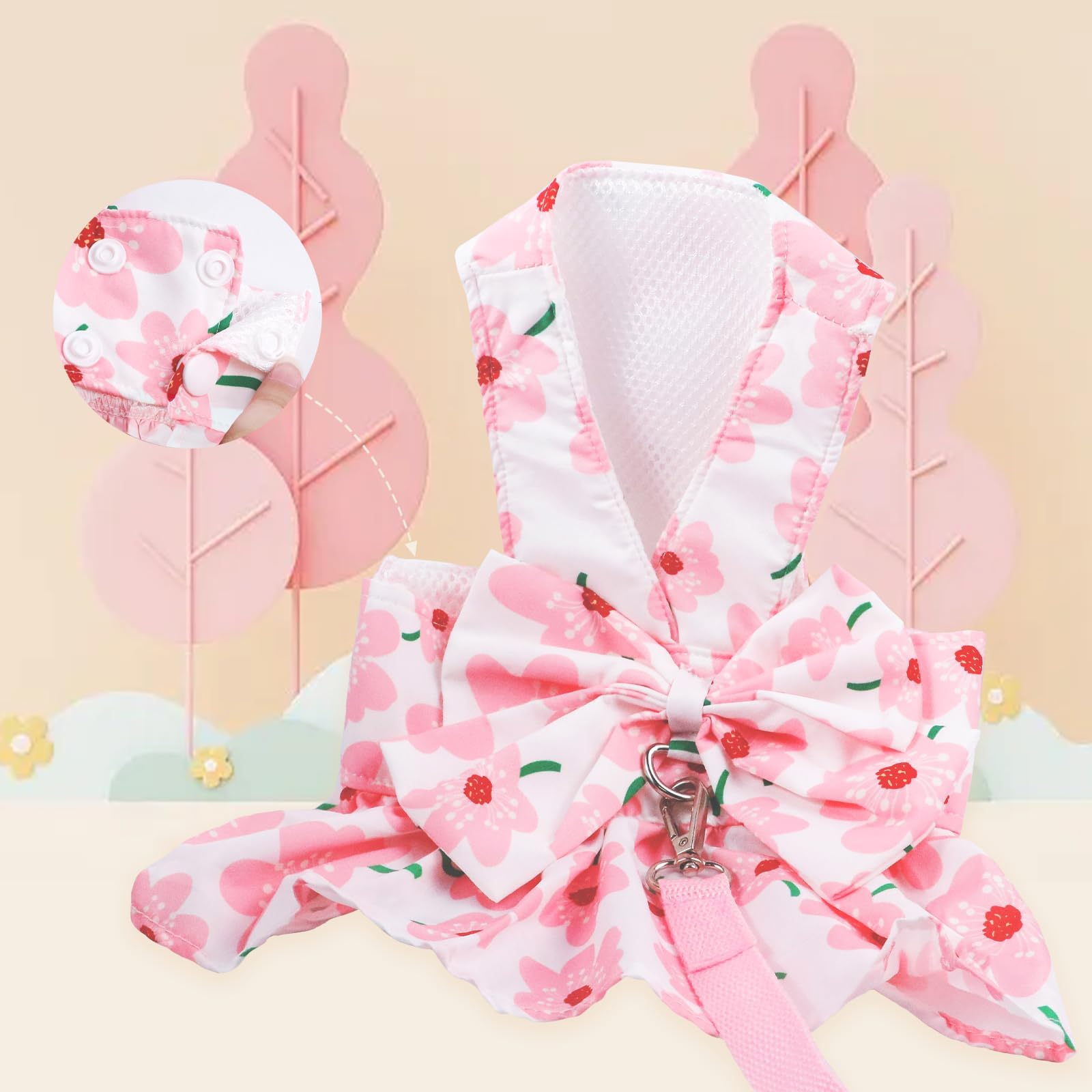Pink Floral Dog Dress with Bowknot Harness & Leash Set - Cute Puppy Outfits for Small Girl Dogs | Breathable Spring Summer Pet Clothes | Perfect for Daily Walks, Pet Parties & Photo Shoots (Small)