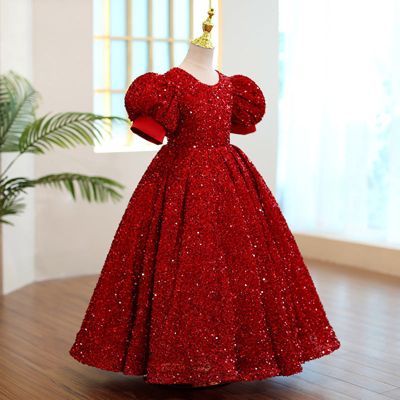 Burgundy Sequined A-Line Flower Girl Dress with Puff Sleeves - Elegant Flower Girl Outfit for Weddings, Pageants & Special Occasions