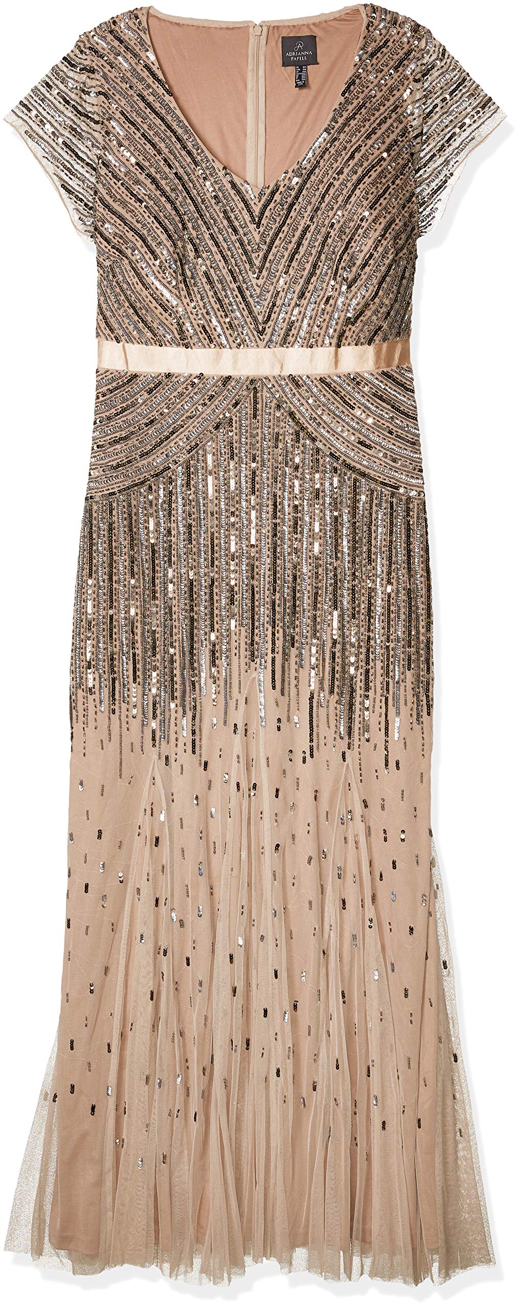Adrianna Papell Women's Plus Size Beaded Evening Gown - Floor Length Formal Dress with V-Neck & Cap Sleeves for Weddings, Galas & Special Occasions
