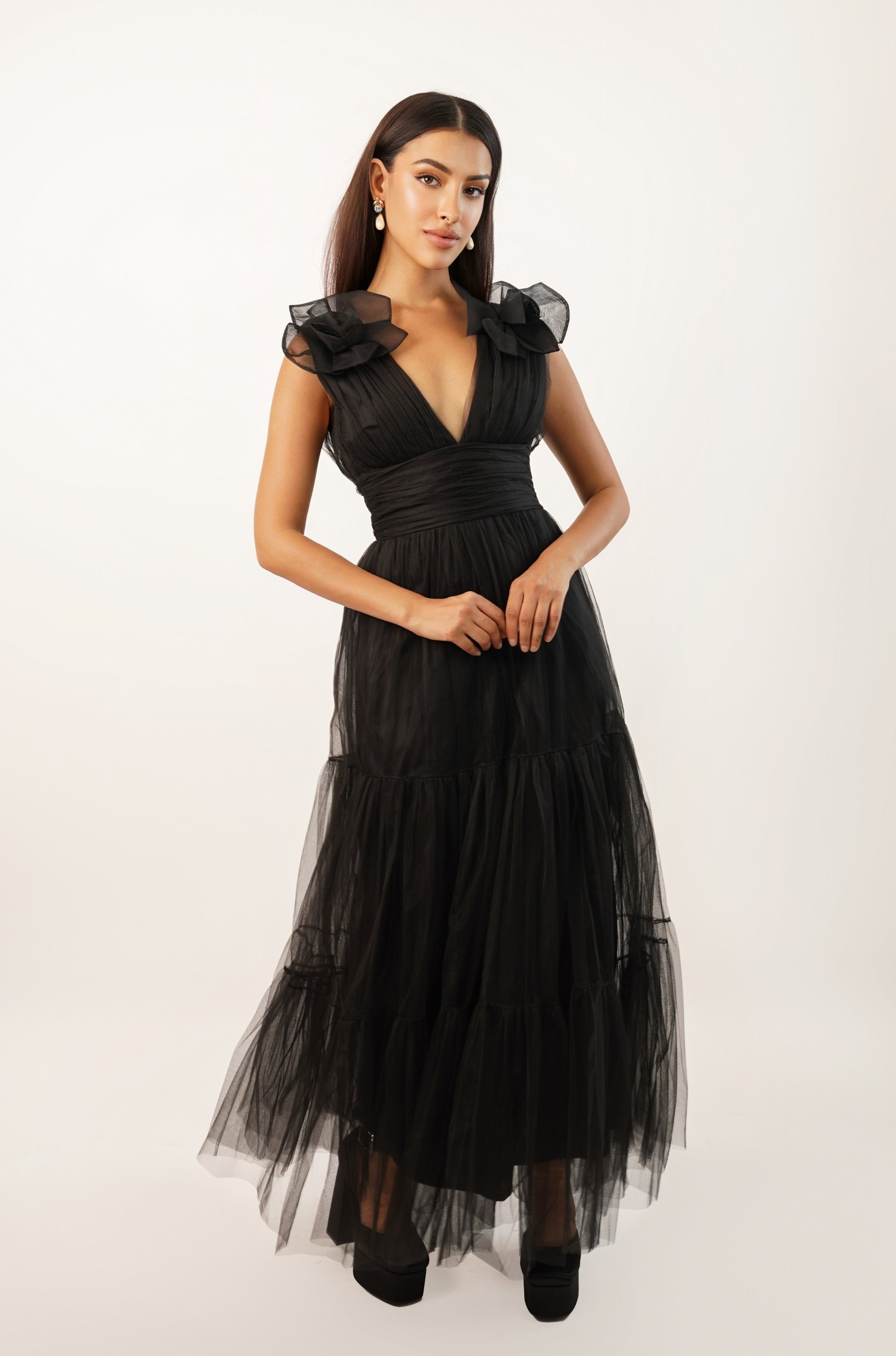 Chana Plunge Corsage Maxi Dress - Elegant Black Floral Evening Gown for Women, Perfect for Weddings, Parties & Special Occasions