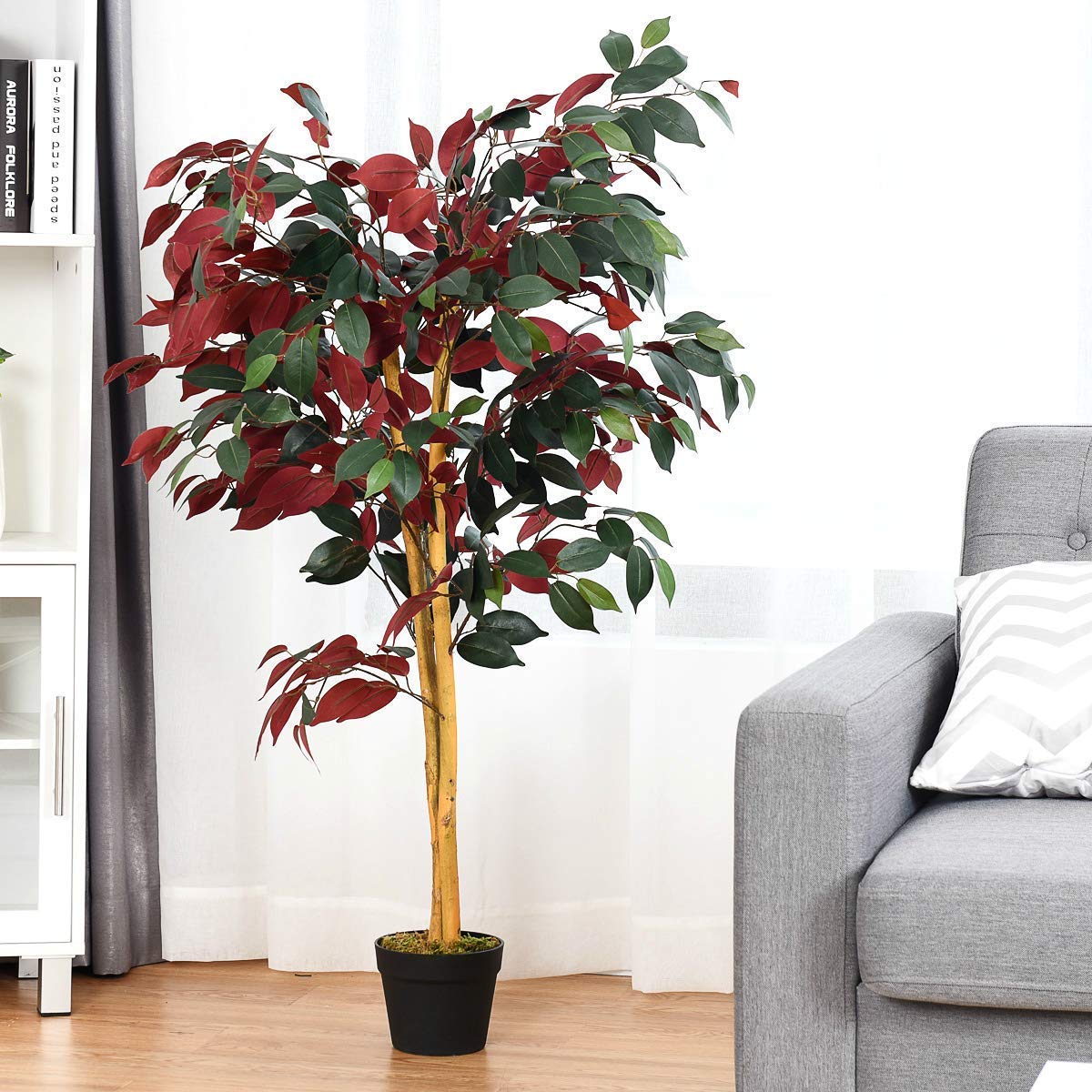 COSTWAY 4Ft Artificial Ficus Tree in Pot - Fake Green & Red Potted Plant for Home, Office, Lobby Decor - Perfect for Living Room, Bedroom, or Reception Area Decoration
