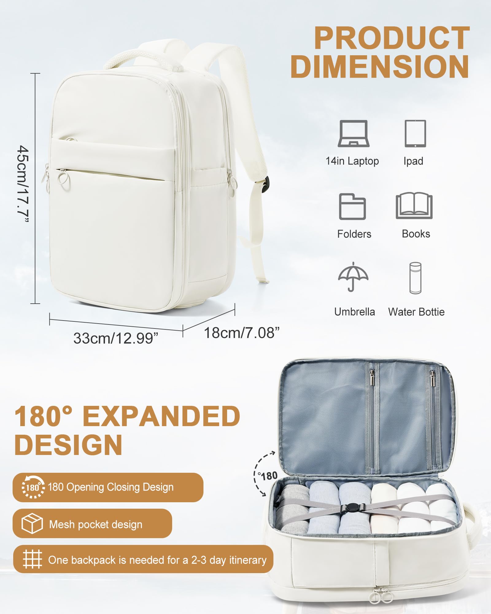Women's Waterproof Travel Backpack - Airplane Approved Carry-On Personal Item with Shoe Compartment | Lightweight Flight Backpack for Business Trips, Weekend Getaways & International Travel (Beige)