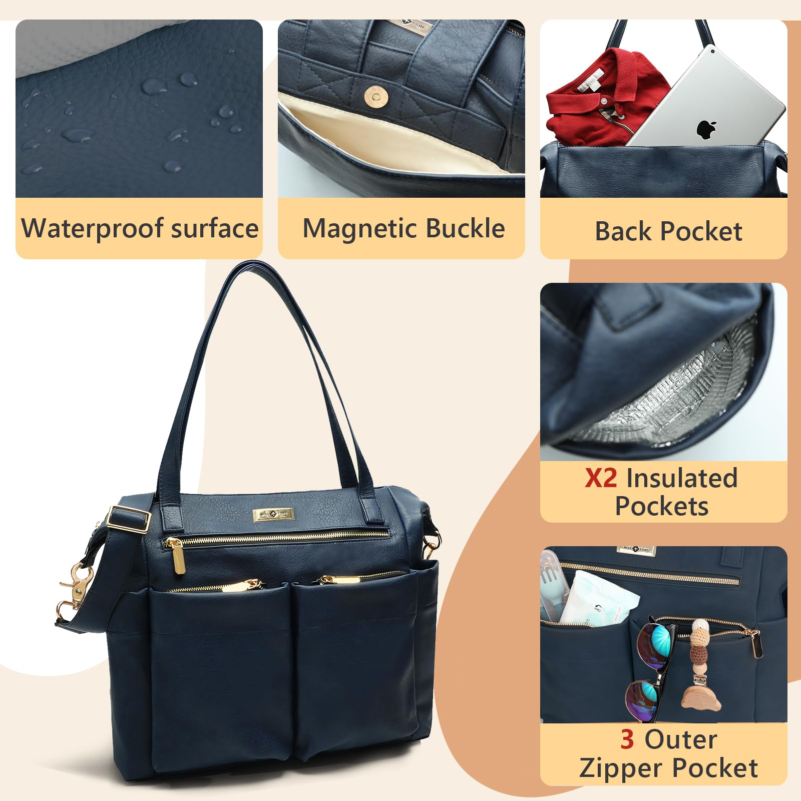 Premium Leather Diaper Bag Backpack by Miss Fong - Stylish Baby Diaper Tote for Moms, Waterproof & Spacious Organizer - Perfect for Travel, Daycare, and On-the-Go Parenting