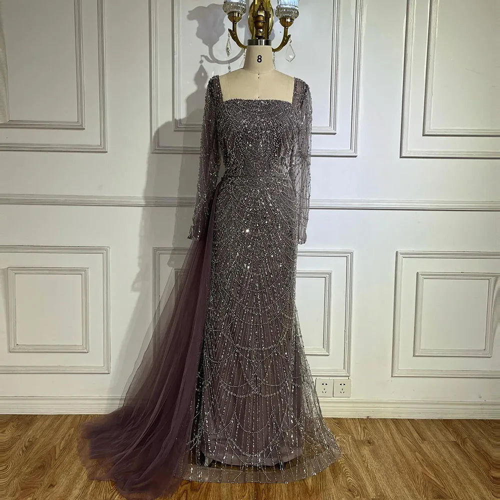 Elegant Arabic Purple Mermaid Evening Gown with Beaded Details & Tulle Overskirt for Women | Wedding, Prom, Gala & Formal Party Dresses 2025 | LA72032F | Perfect for Bridesmaid, Cocktail Party & Special Occasions