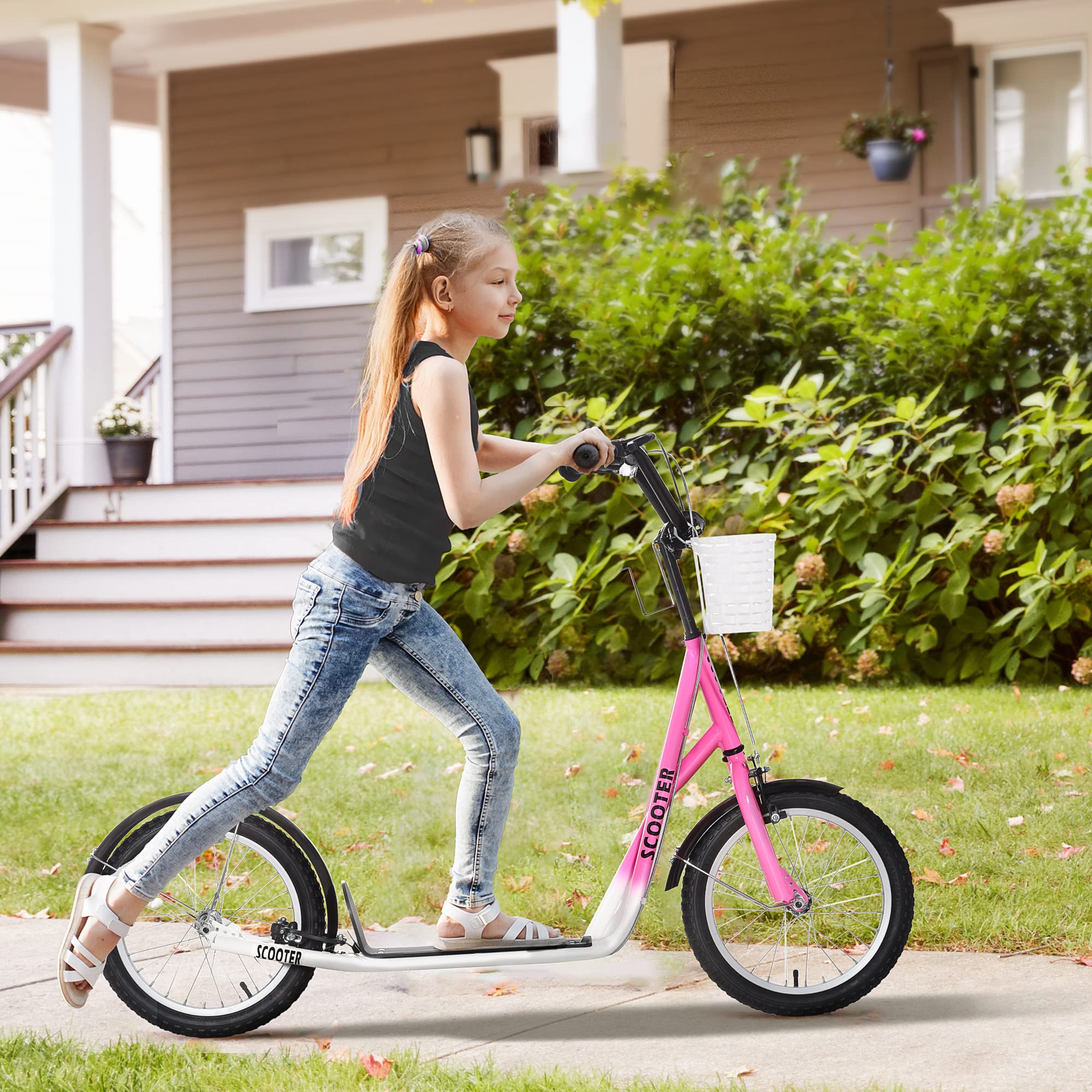 Aosom Kids Kick Scooter - Adjustable Handlebar, Dual Brake System, 16