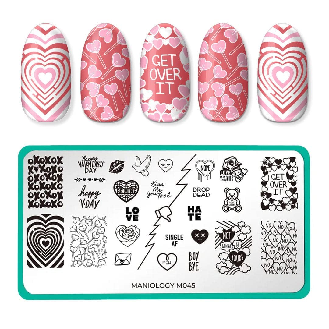 Valentine's Day Nail Art Stamping Kit - Maniology Starter Set with Stamping Plate, Nail Polish, Top Coat, Stamper & Scraper | DIY Nail Designs for Romantic Dates, Anniversary Gifts & Special Occasions
