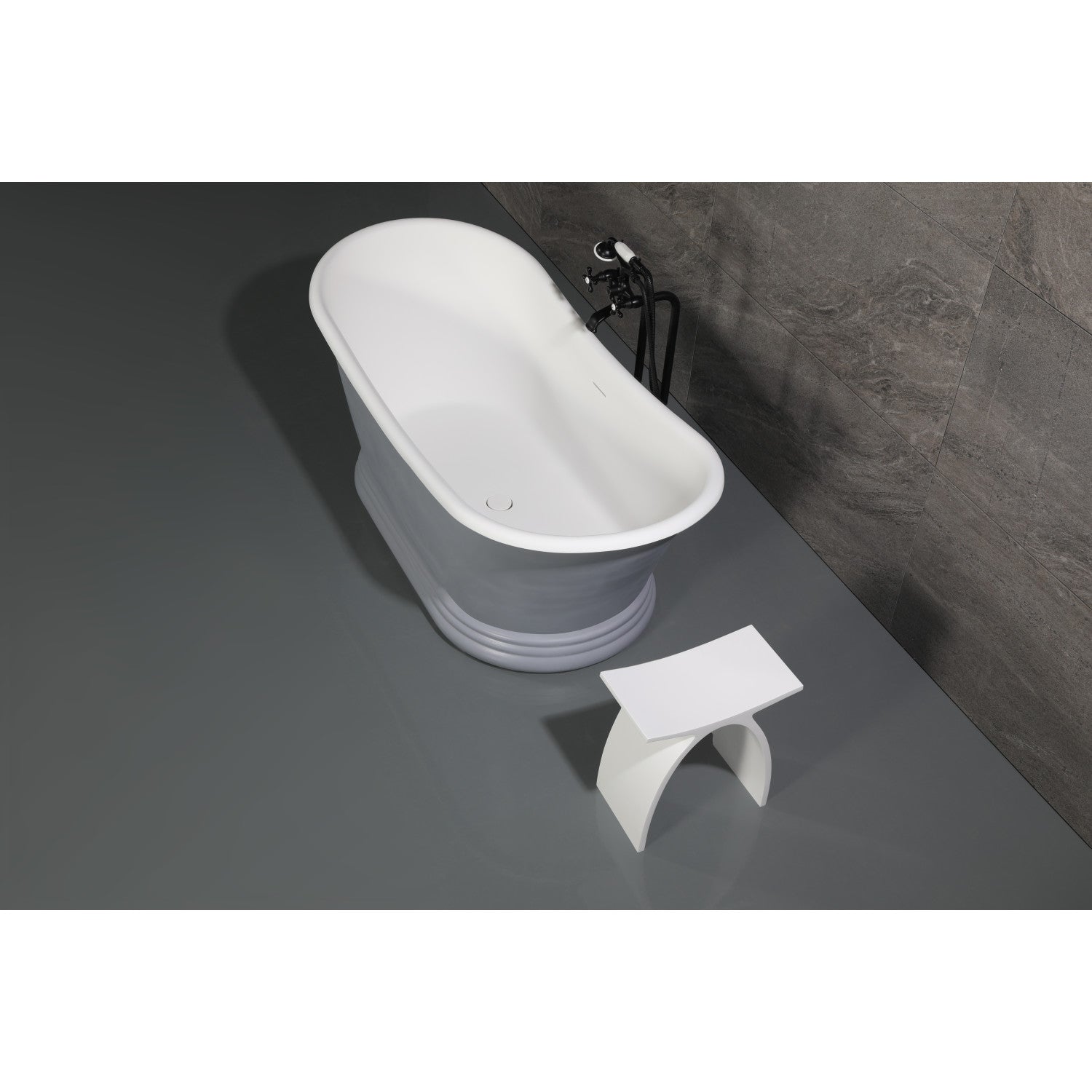 Arcticstone 67 Inch Oval Double Slipper Pedestal Bathtub - Glossy White/Matte Gray Solid Surface Freestanding Tub with Drain (No Faucet Holes) | Perfect for Luxury Bathrooms, Spa Retreats & Modern Home Decor