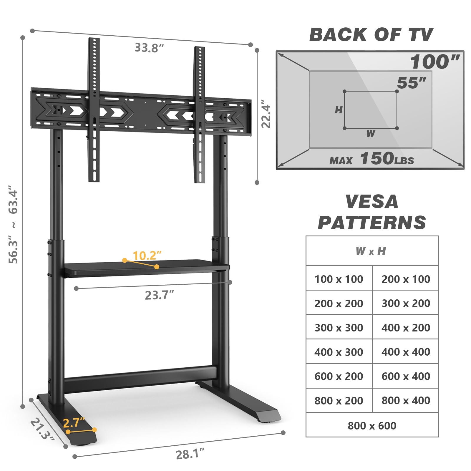 Heavy Duty Universal TV Floor Stand for 55-100 Inch TVs up to 150 lbs - Adjustable Height Tall TV Stand with Mount & Large Storage Shelf - Perfect for Living Room, Bedroom, Home Theater - Black