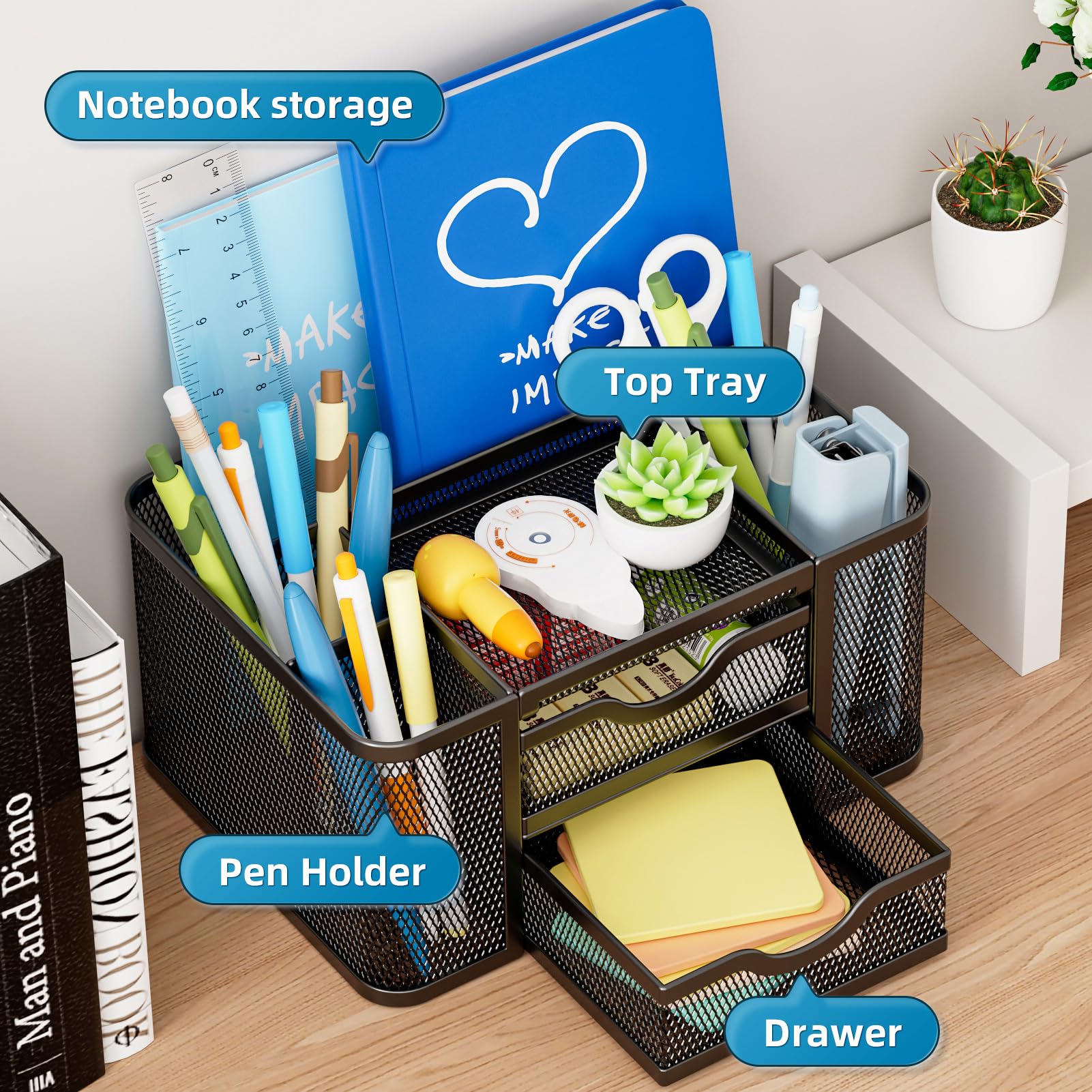 Marbrasse Mesh Desk Organizer with 2 Drawers - Multi-Functional Pen & Pencil Holder for Office, School & Home - 5 Compartments Storage for Art Supplies, Stationery & Desk Accessories (Black) - Perfect for Workspace Organization & Decluttering