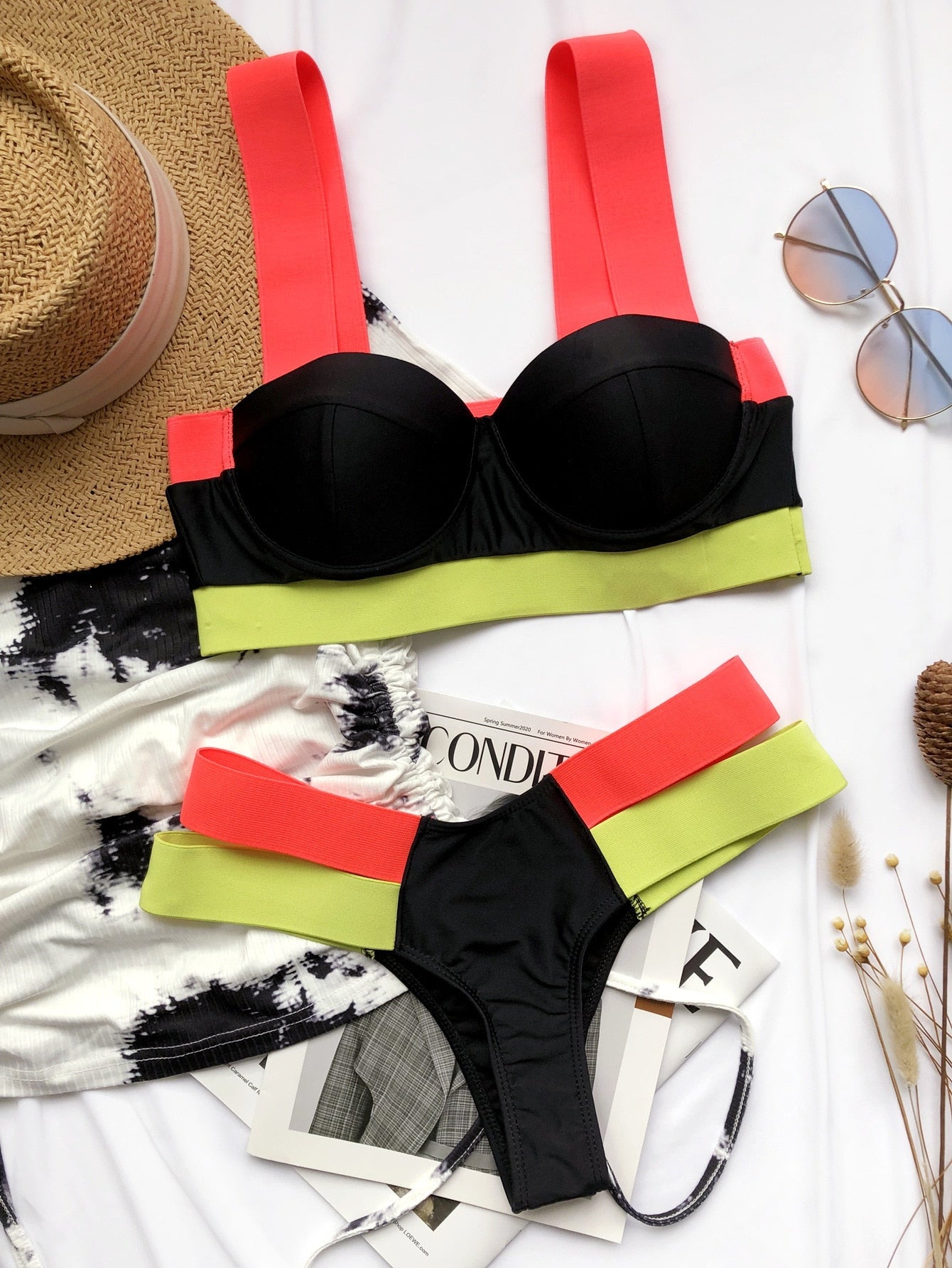 Sexy Push Up Bikini Set - High Waisted Bandage Swimwear with Color Block Patchwork Design | Perfect for Beach Vacations, Pool Parties & Summer Getaways