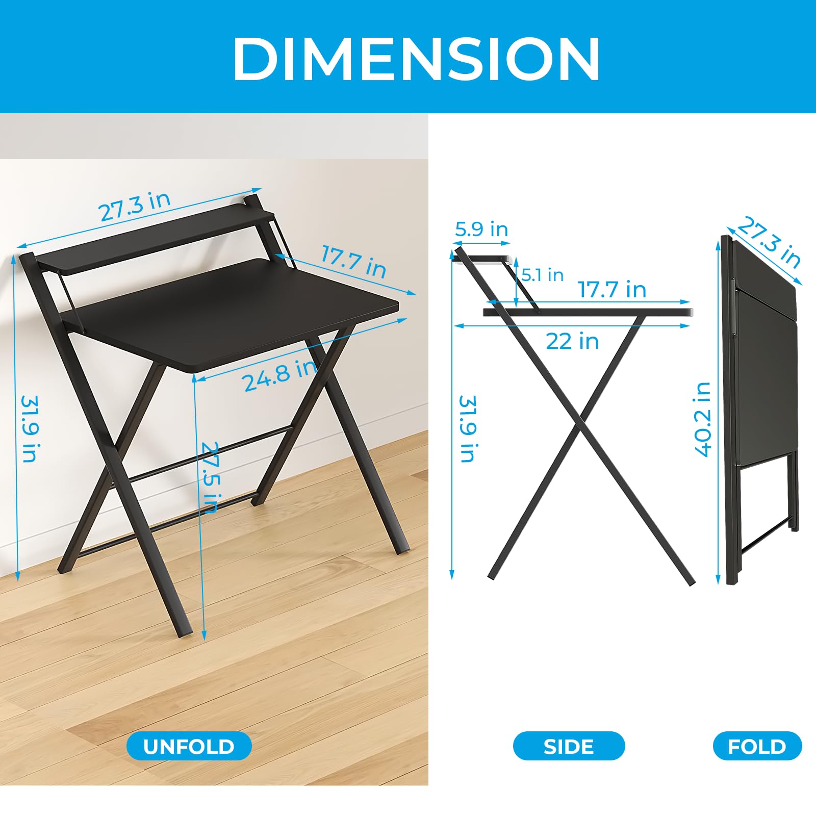 GreenForest Folding Desk - No Assembly Required 2-Tier Computer Desk with Shelf | Space Saving Portable Laptop Table for Home Office & Small Spaces | Perfect for Remote Work, Dorm Rooms & Studio Apartments (Black)