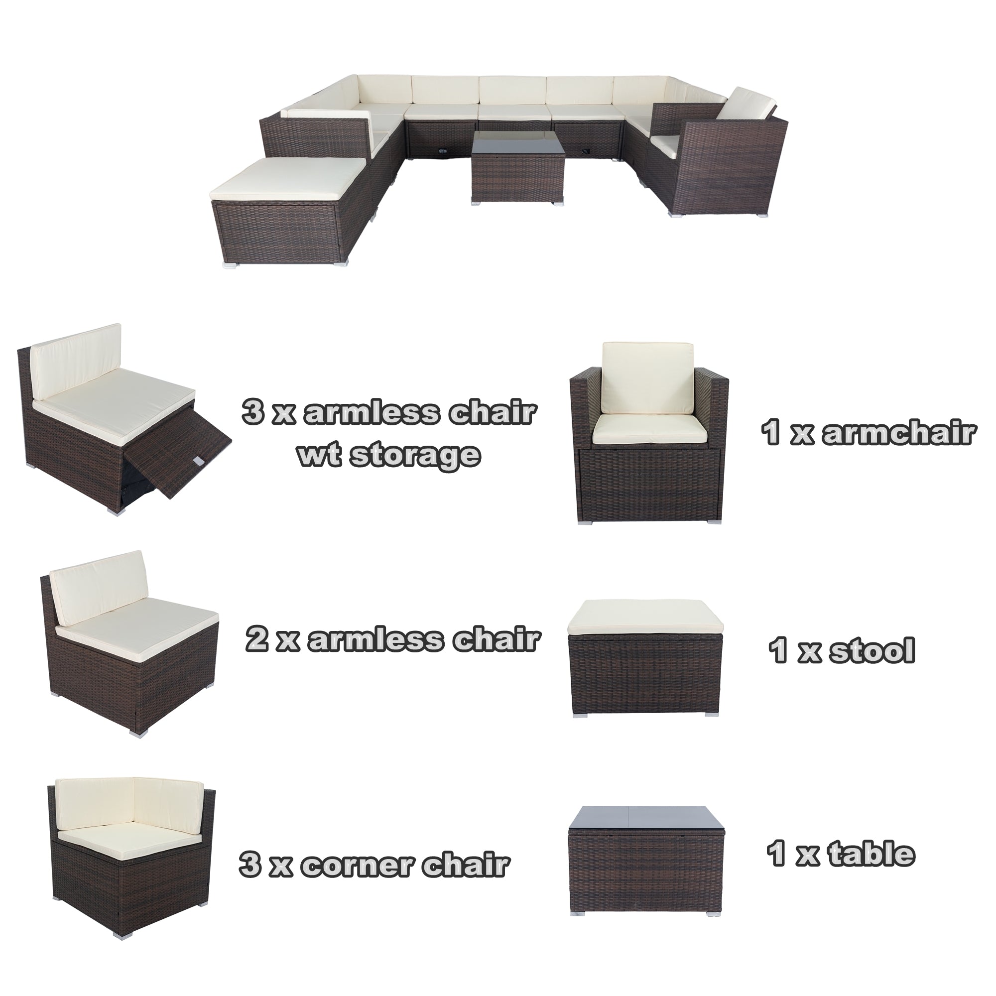 11-Piece Brown Wicker Patio Conversation Set with White Cushions - 10-Seater Outdoor Sectional Sofa with 3 Under-Seat Storage Boxes - Perfect for Garden, Backyard, Poolside & Terrace Relaxation