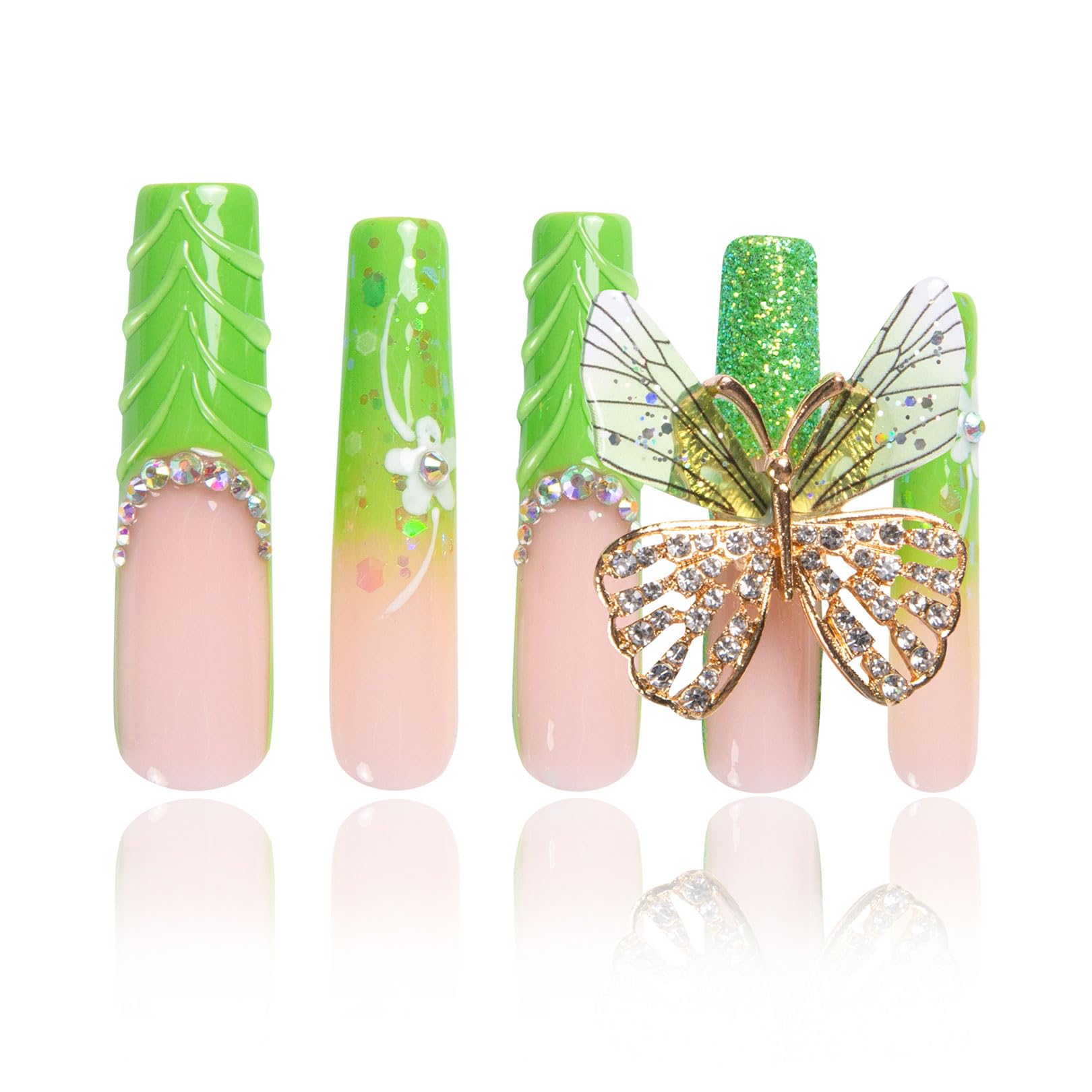 Butterfly Kiss Press on Nails with Full Cover Crystals - Handmade Reusable Fake Nails - Square Long 2.2 Inch False Nails H255-M - Perfect for Parties, Weddings, and Special Occasions