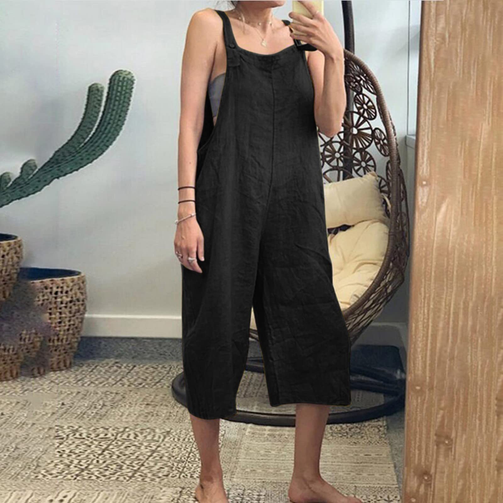 Women's Casual Cotton Cropped Loose Jumpsuit - Comfortable Bib Overalls for Everyday Wear | Perfect for Spring, Summer, and Outdoor Activities