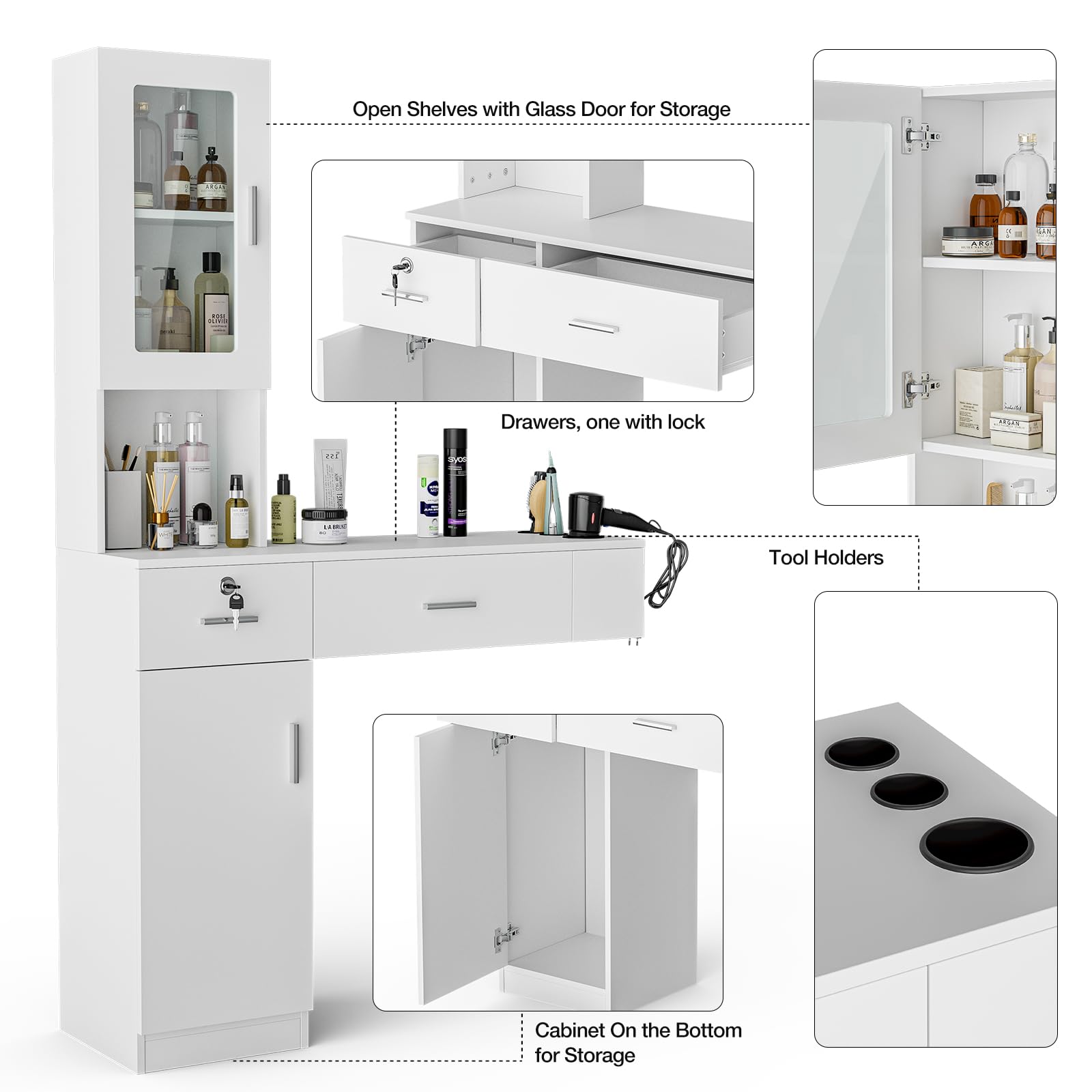 Professional Wall Mount Hair Salon Station - Barber Styling Storage Cabinet with Glass Door, 2 Drawers & 3-Tier Shelves (White) | Perfect for Salon Organization, Home Barber Setup & Beauty Studio Storage
