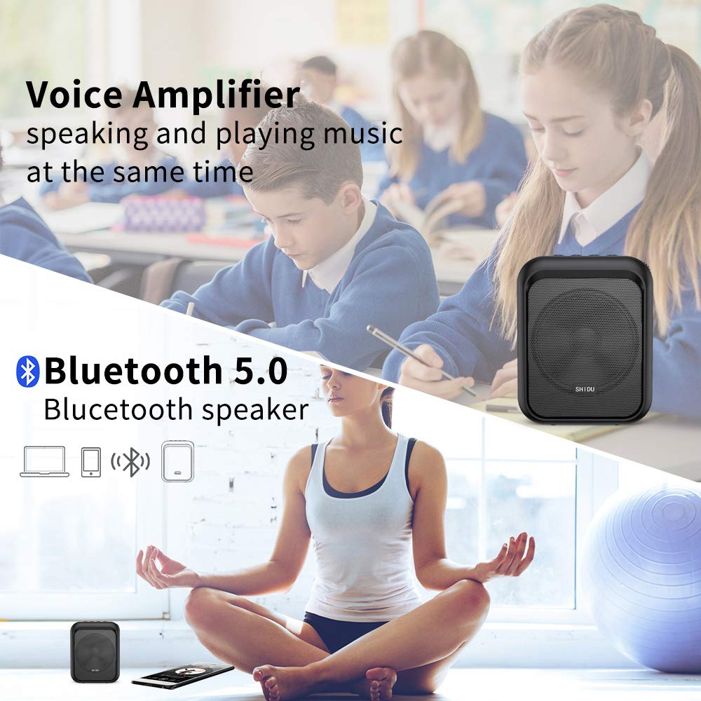 SHIDU Mini Voice Amplifier Portable Bluetooth Speaker with UHF Wireless Microphone Headset - 10W 1800mAh PA System for Teachers, Coaches, Tour Guides - Supports MP3 Format - Ideal for Classroom, Outdoor Training, Public Speaking & Presentations