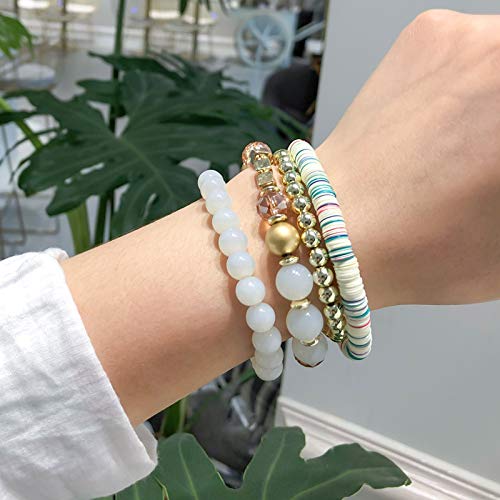 Boho Bracelets for Women - 5 Sets Multilayer Stackable Crystal Beaded Stretch Bracelets, Sparkly Beaded Jewelry Set for Casual Wear, Parties & Gift Giving