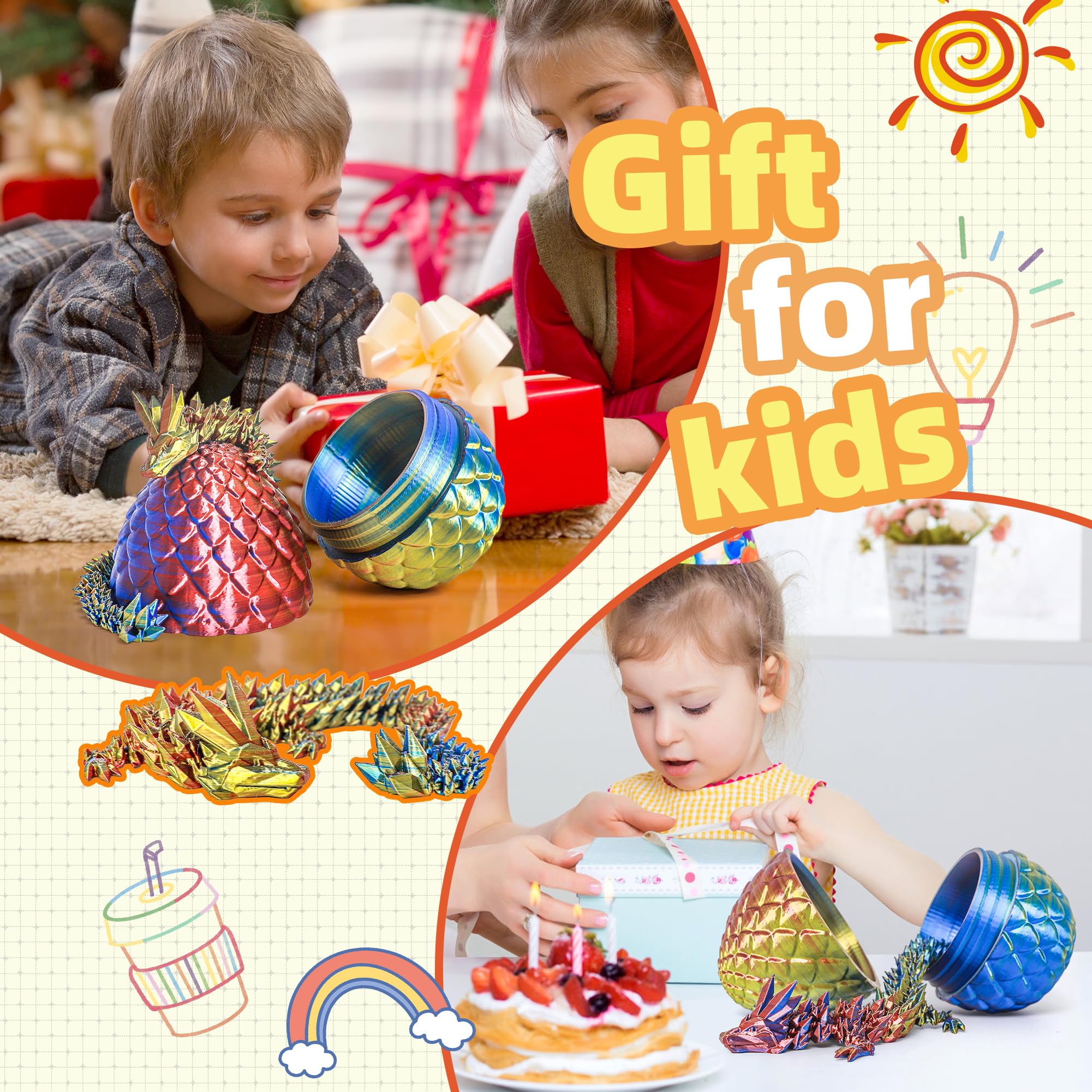 3D Printed Dragon Egg - Flexible Crystal Dino Toy for Easter, Birthday & Desk Decor (Gold Red Blue)