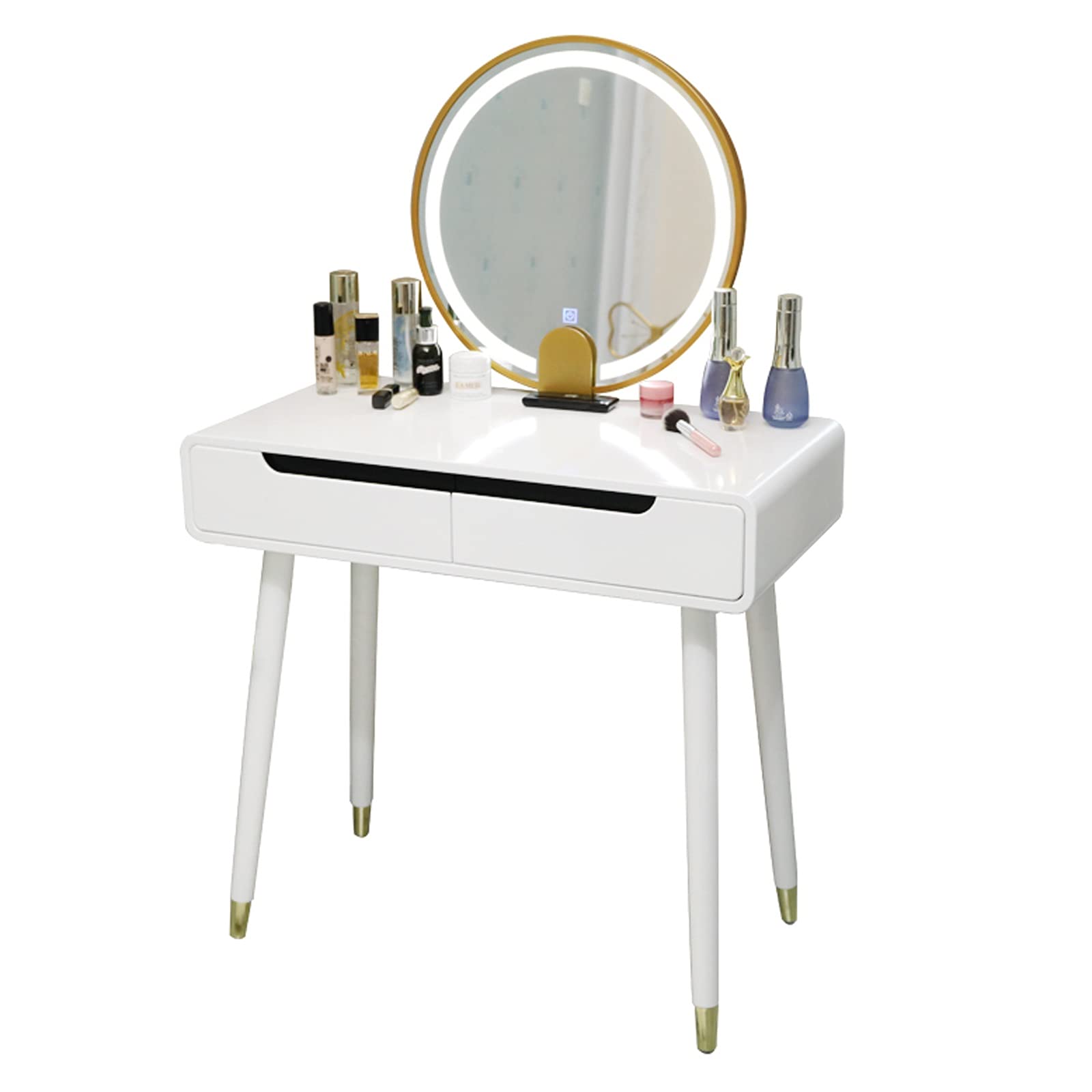 liushop White Vanity Table with LED Lighted Mirror & 2 Drawers - 90cm Makeup Dressing Desk for Women & Girls - Perfect for Bedroom Organization & Beauty Routine