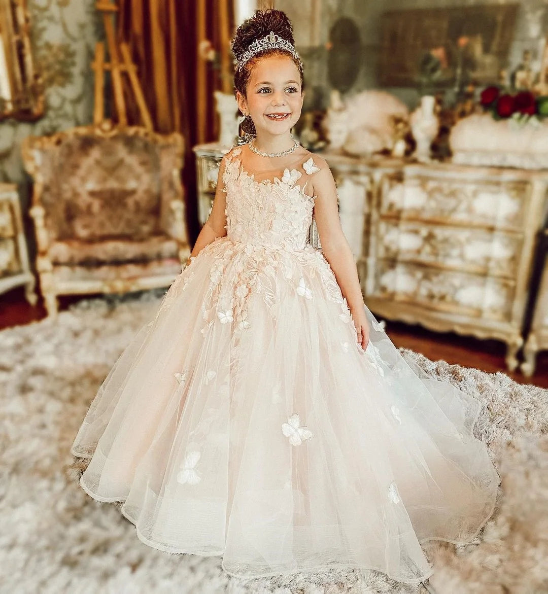 Luxury Floral Tulle Princess Ball Gown for Girls - Elegant Long Maxi Dress for Birthday Parties, Weddings & Special Occasions
