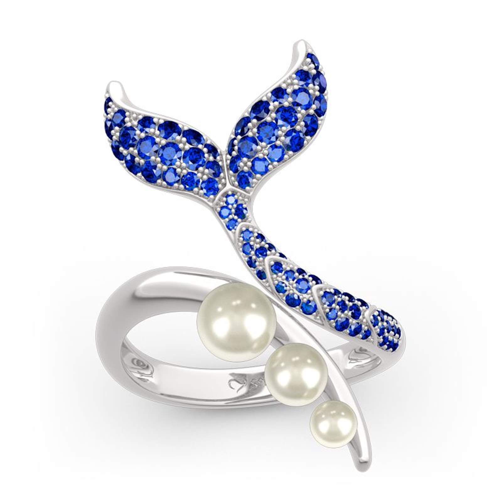 Dancing by The Moonlight Mermaid Tail Sterling Silver Ring for Women - Faux Pearl Elegant Jewelry for Wife, Girlfriend, Engagement, Wedding, Anniversary, Christmas & Birthday Gift with Jewelry Box | Perfect for Romantic Occasions, Date Nights & Special Celebrations